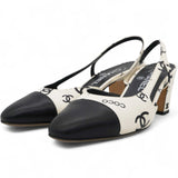 Printed Lambskin Cap Toe CC Slingback Pumps Black White Size37.5