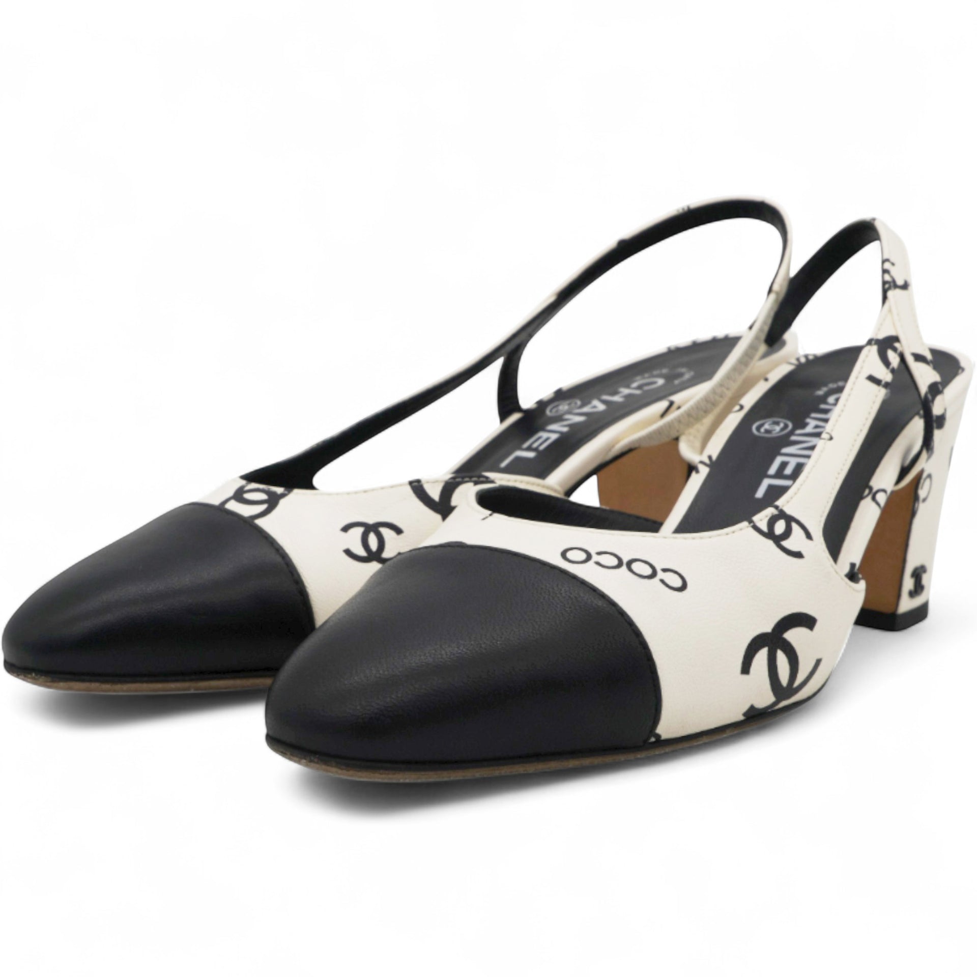 Printed Lambskin Cap Toe CC Slingback Pumps Black White Size37.5