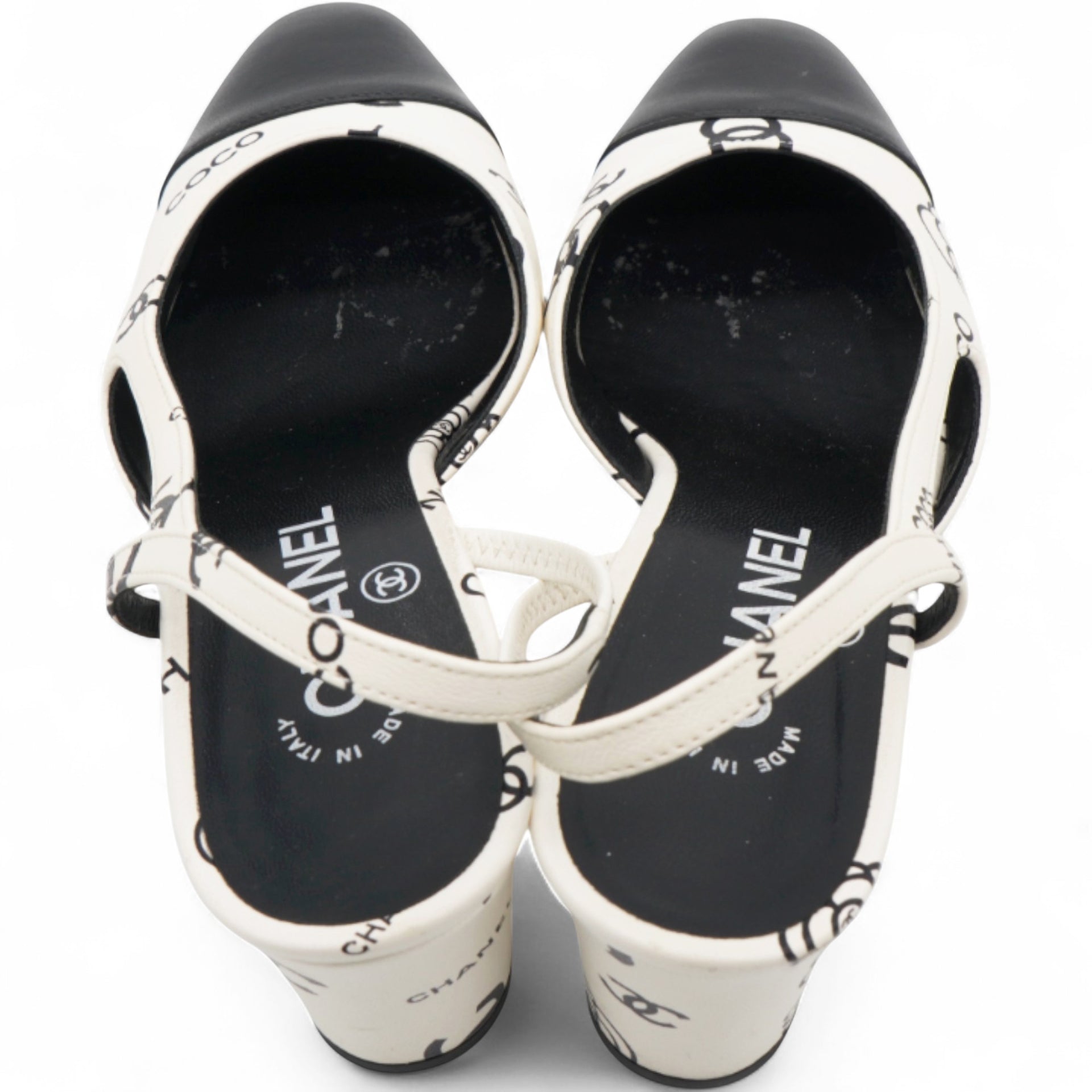 Printed Lambskin Cap Toe CC Slingback Pumps Black White Size37.5