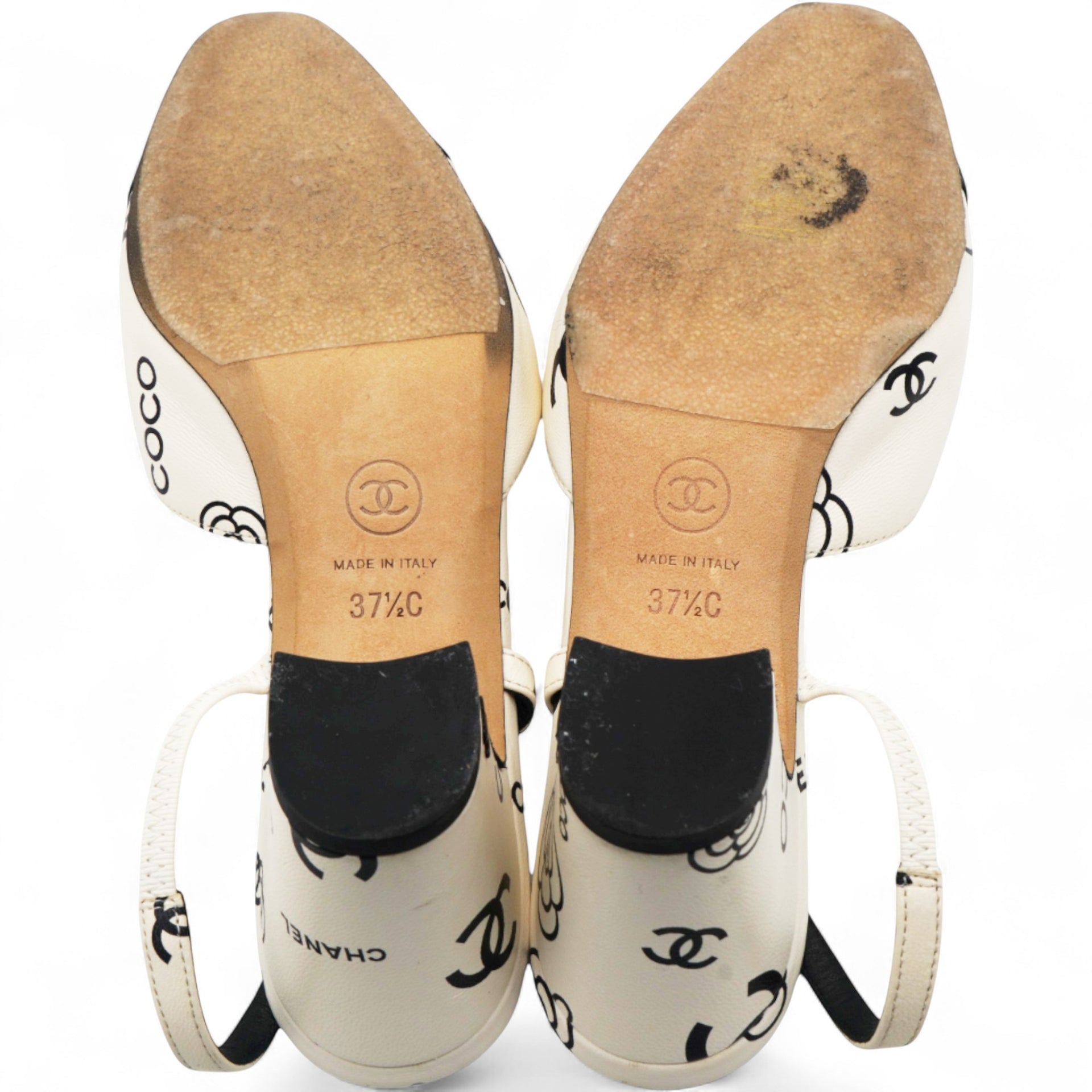 Printed Lambskin Cap Toe CC Slingback Pumps Black White Size37.5