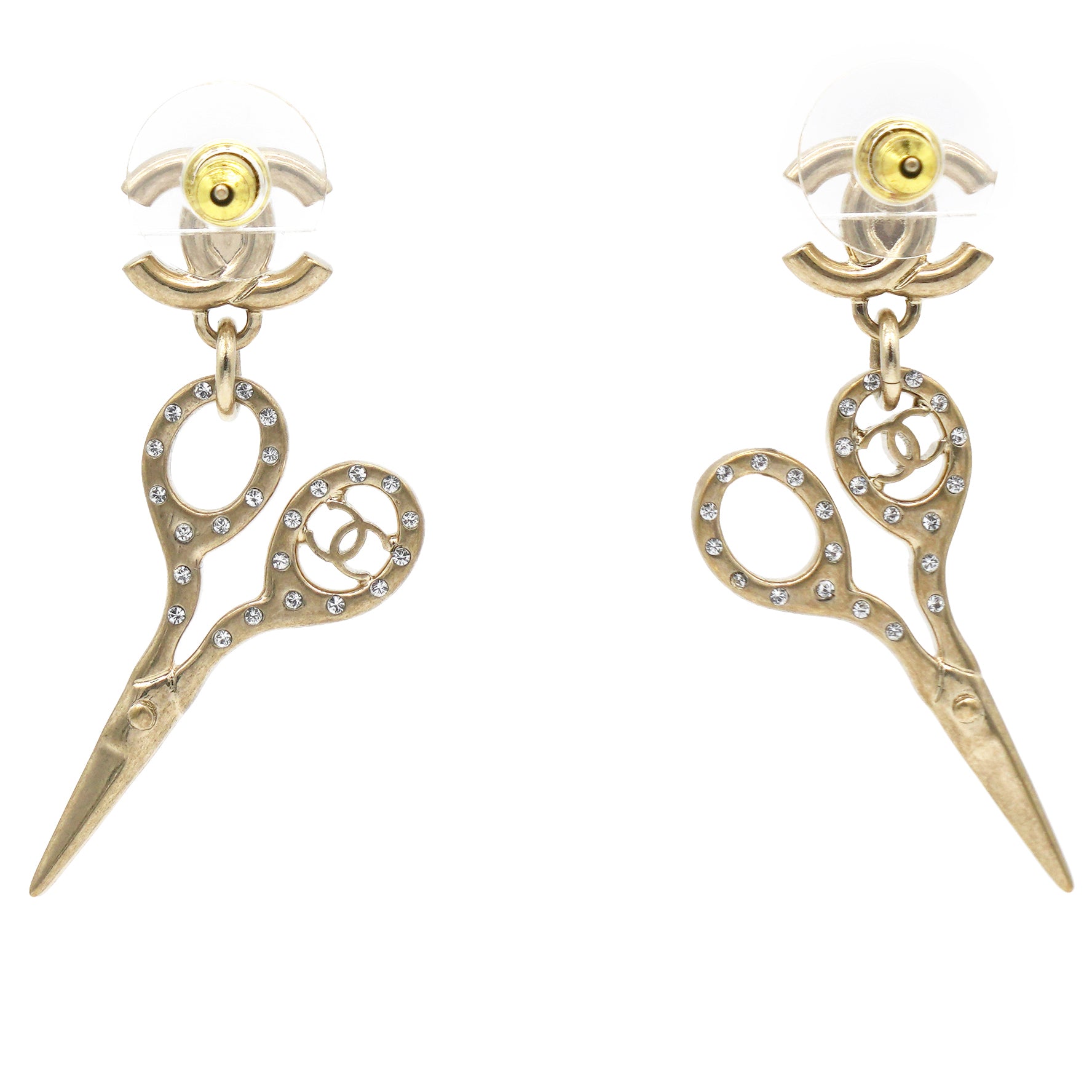 Metal Strass Crystal Scissors CC Earrings Gold