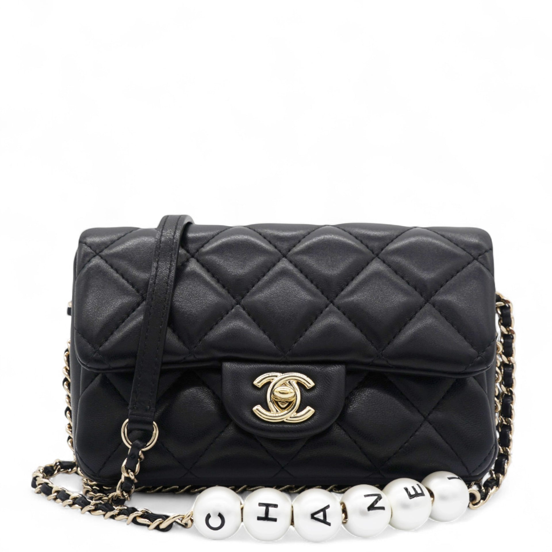 Precious Pearls Mini Flap Black Lambskin Light Gold-tone Hardware