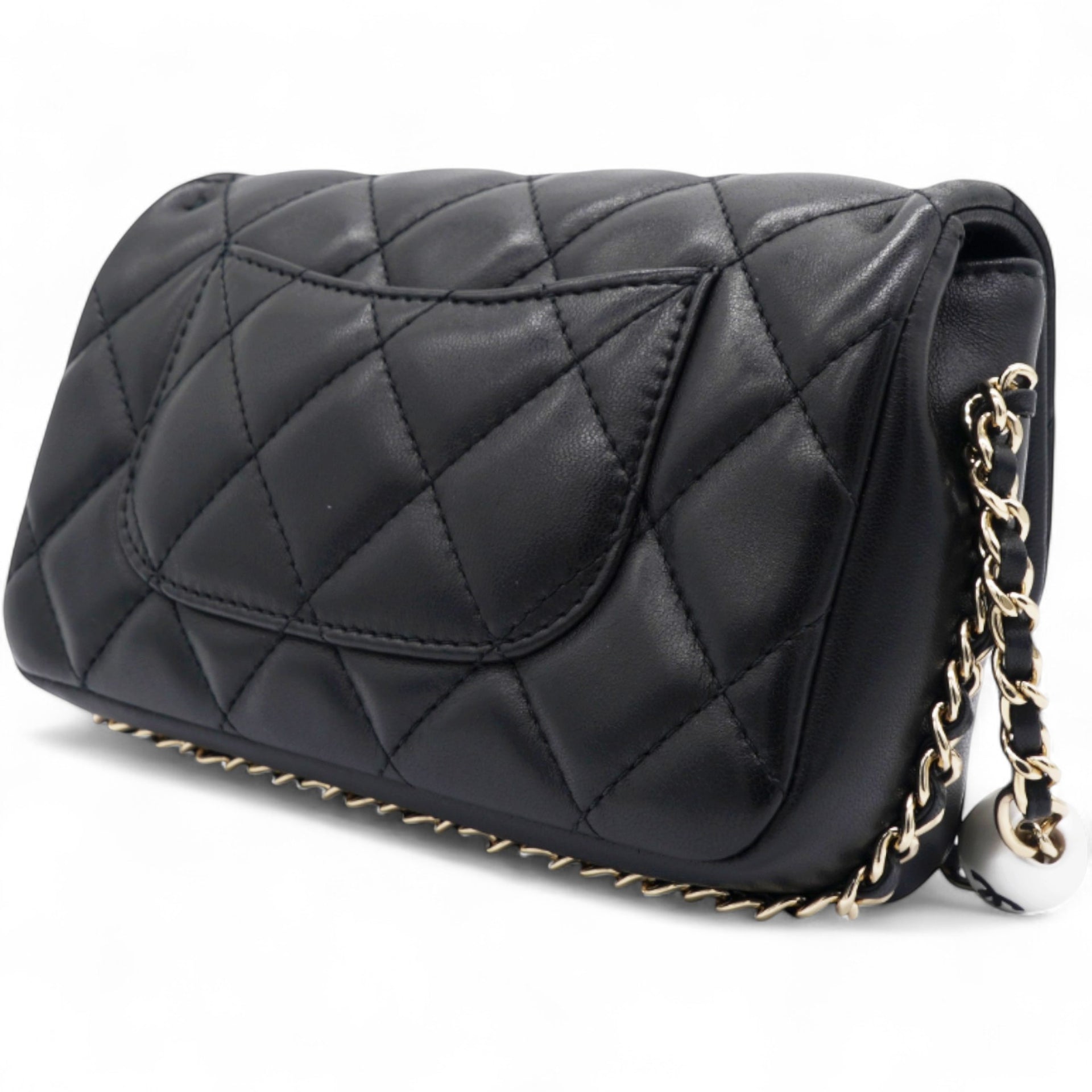 Precious Pearls Mini Flap Black Lambskin Light Gold-tone Hardware