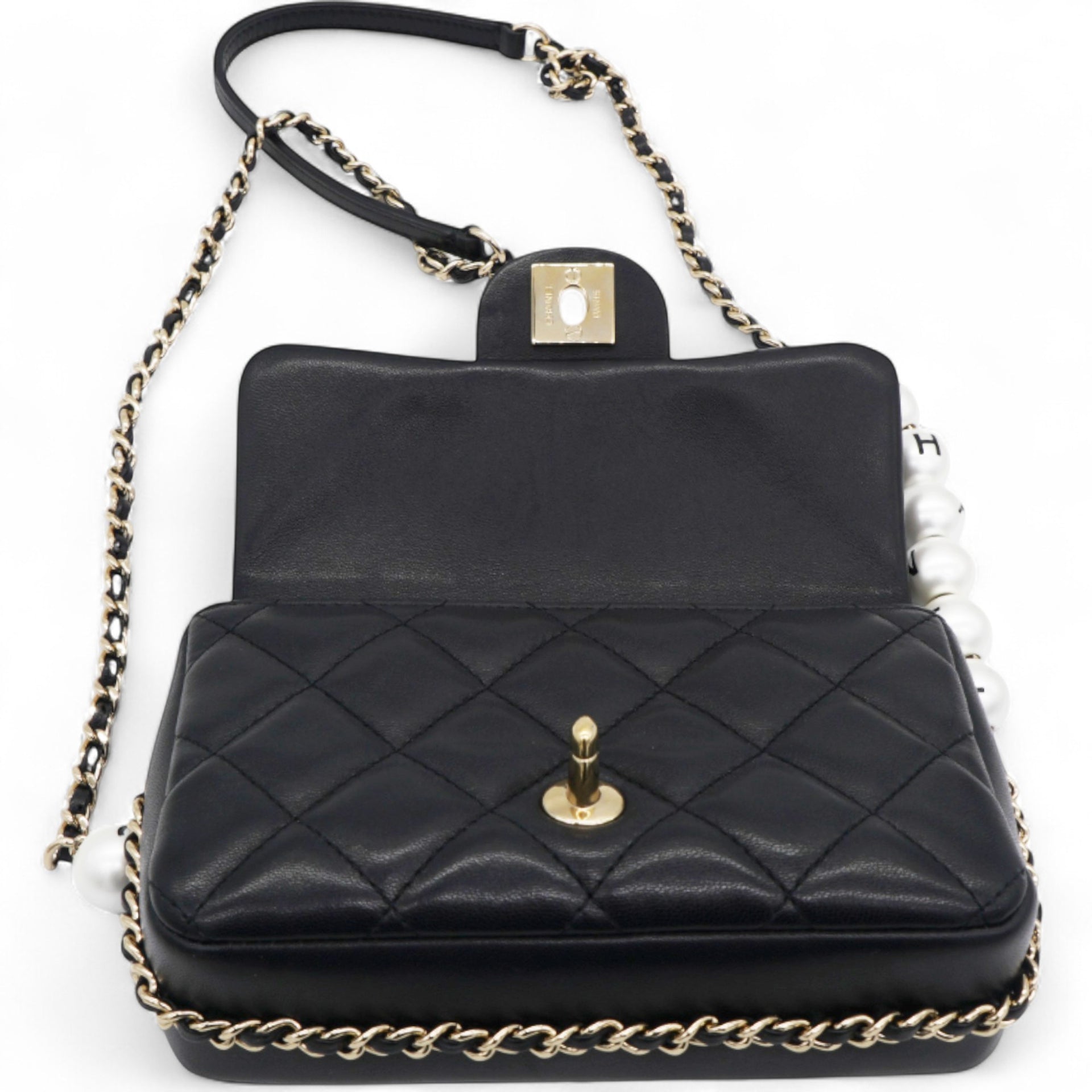 Precious Pearls Mini Flap Black Lambskin Light Gold-tone Hardware