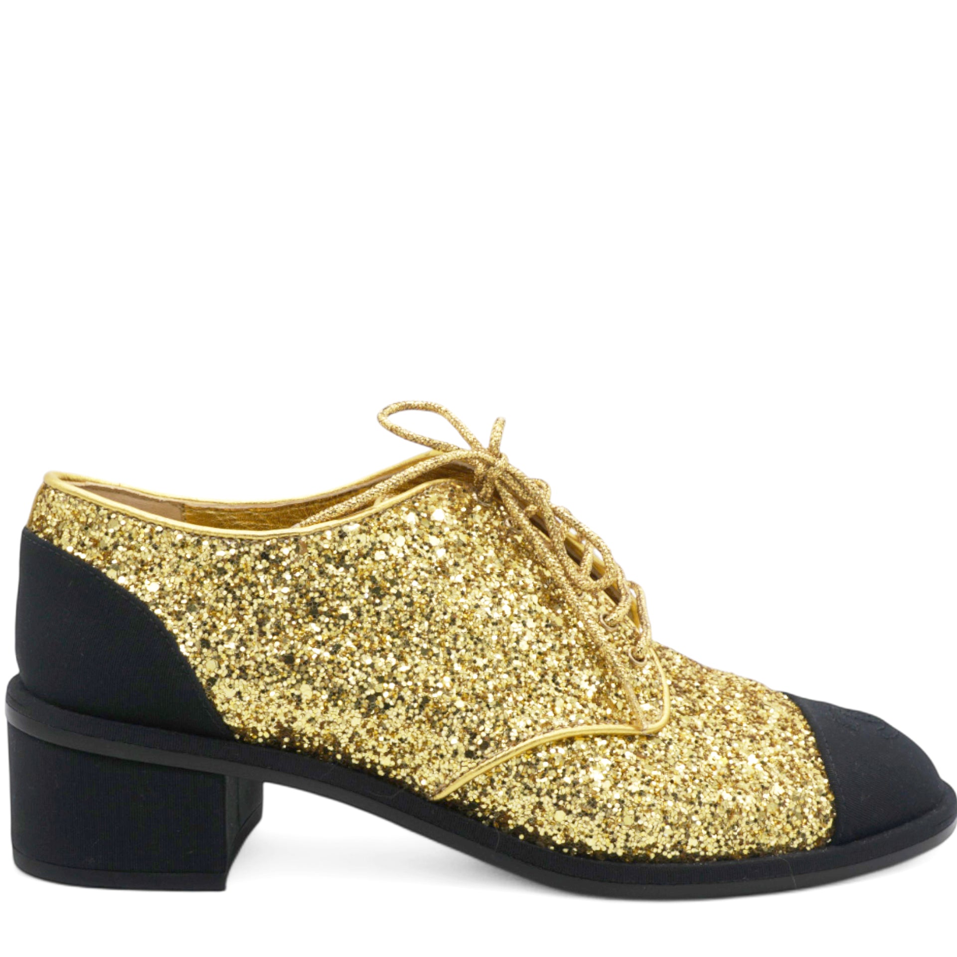 Gold Glitter and Black Grosgrain Lace-Up Shoes Size38