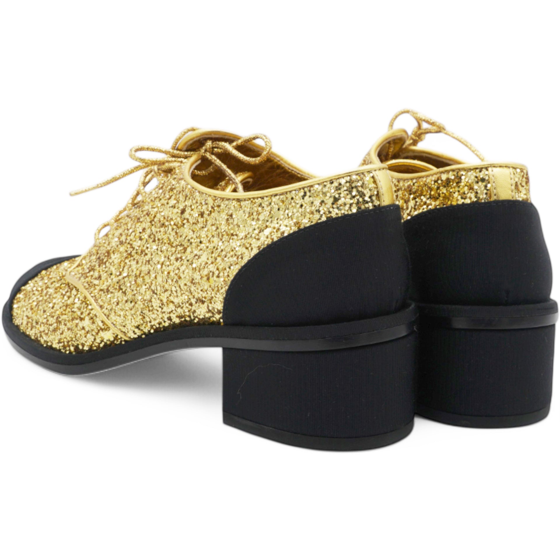Gold Glitter and Black Grosgrain Lace-Up Shoes Size38