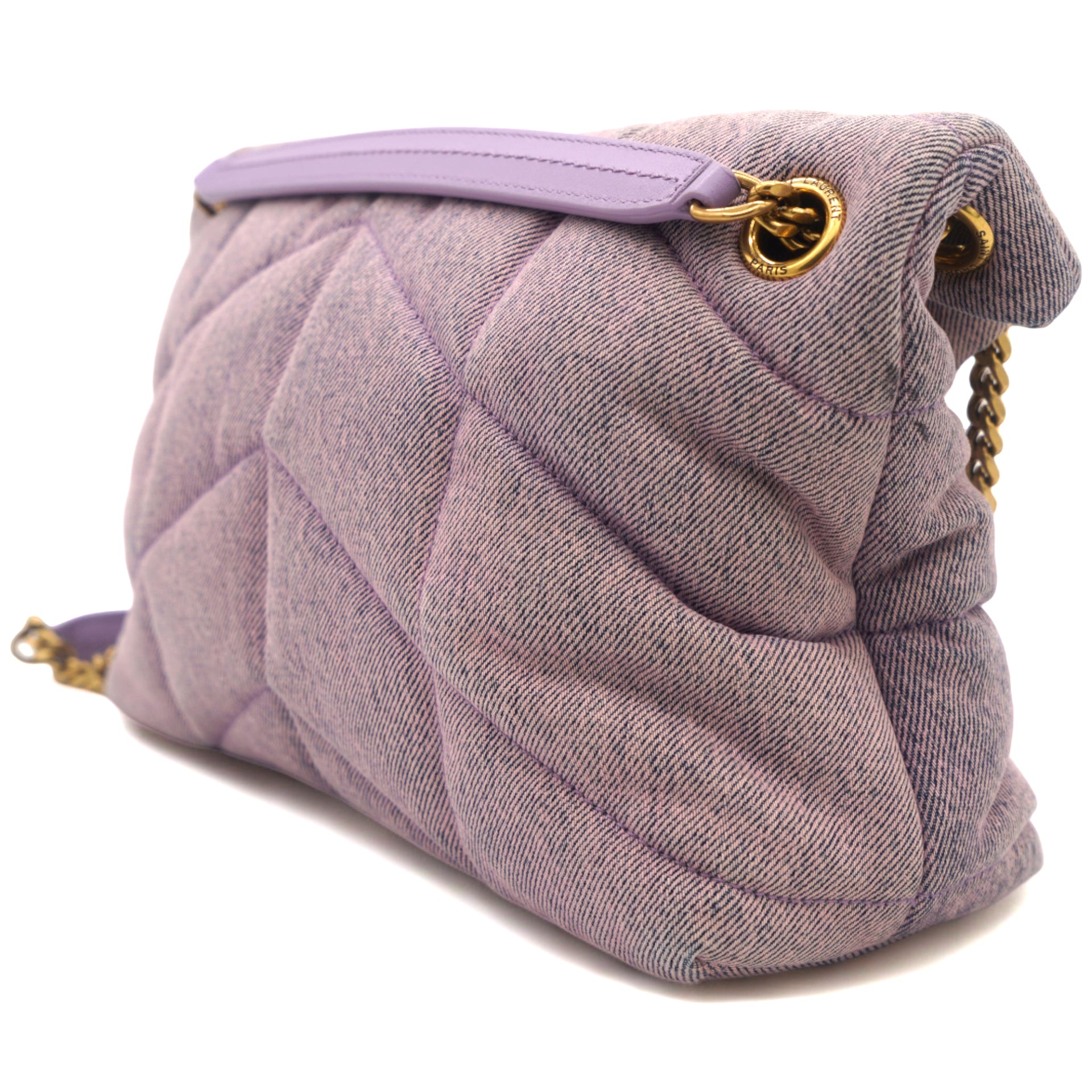Denim Quilted Small Loulou Puffer Monogram Chain Satchel Bleached Lilac