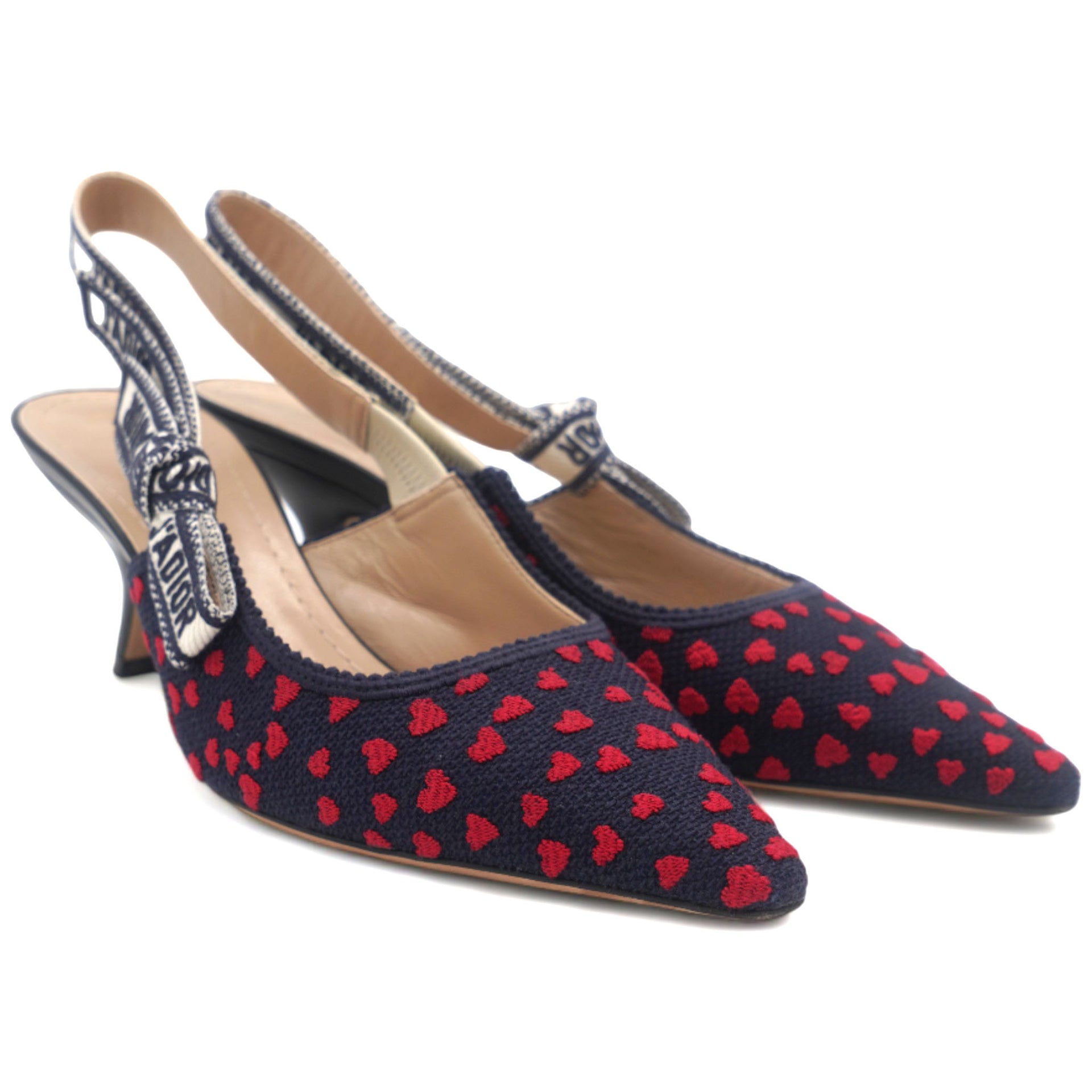 Navy Blue/Red Heart Embossed Canvas J'Adior Slingback Pumps Size 37.5