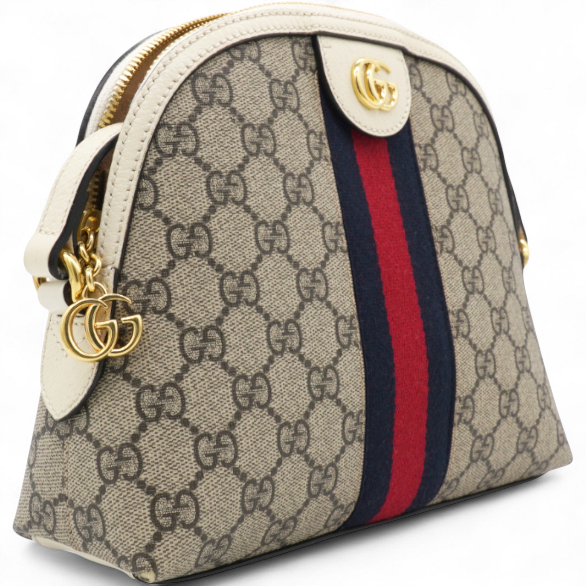 GG Supreme Monogram Textured Dollar Web Ophidia Dome Shoulder Bag Beige Ebony Mystic White