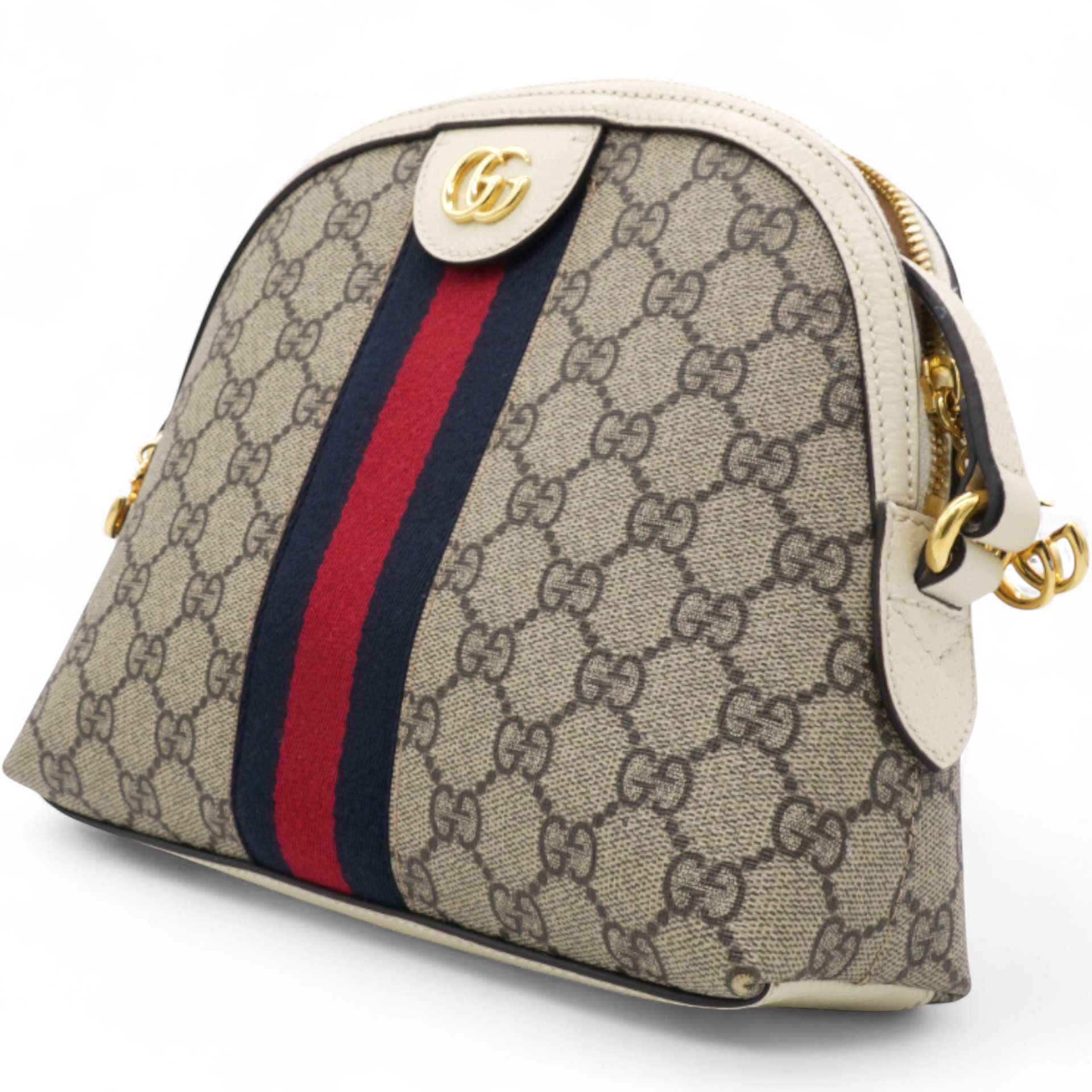 GG Supreme Monogram Textured Dollar Web Ophidia Dome Shoulder Bag Beige Ebony Mystic White