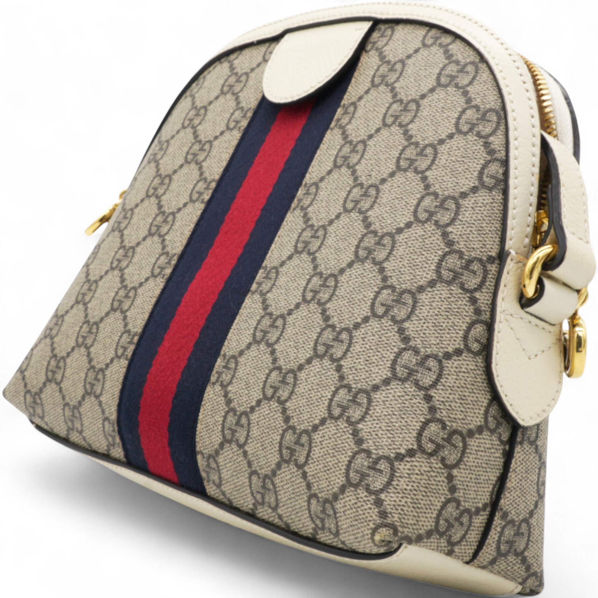 GG Supreme Monogram Textured Dollar Web Ophidia Dome Shoulder Bag Beige Ebony Mystic White