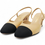 Goatskin Grosgrain Cap Toe CC Slingback Sandals Beige Black Size37