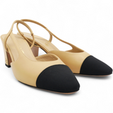 Goatskin Grosgrain Cap Toe CC Slingback Sandals Beige Black Size37