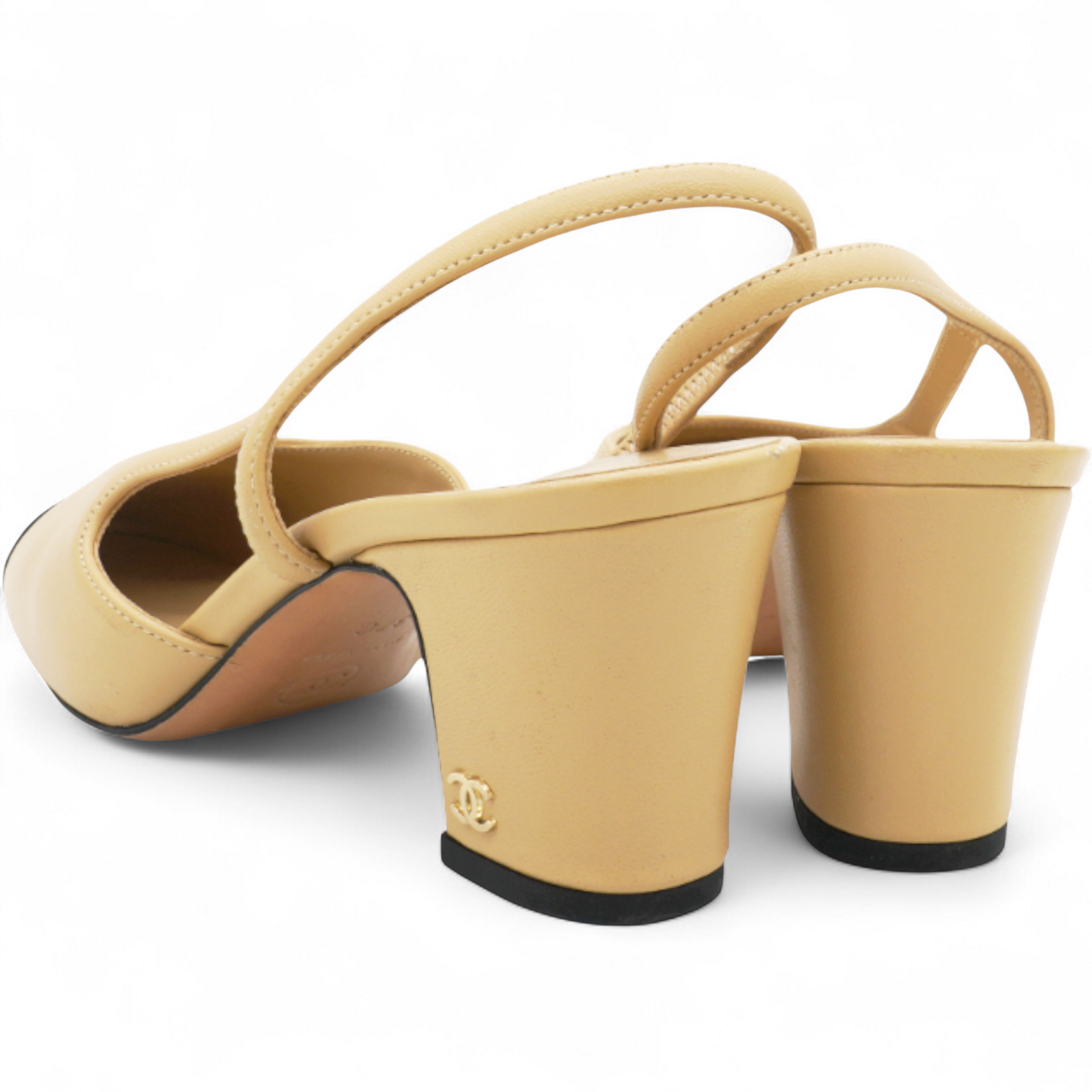 Goatskin Grosgrain Cap Toe CC Slingback Sandals Beige Black Size37
