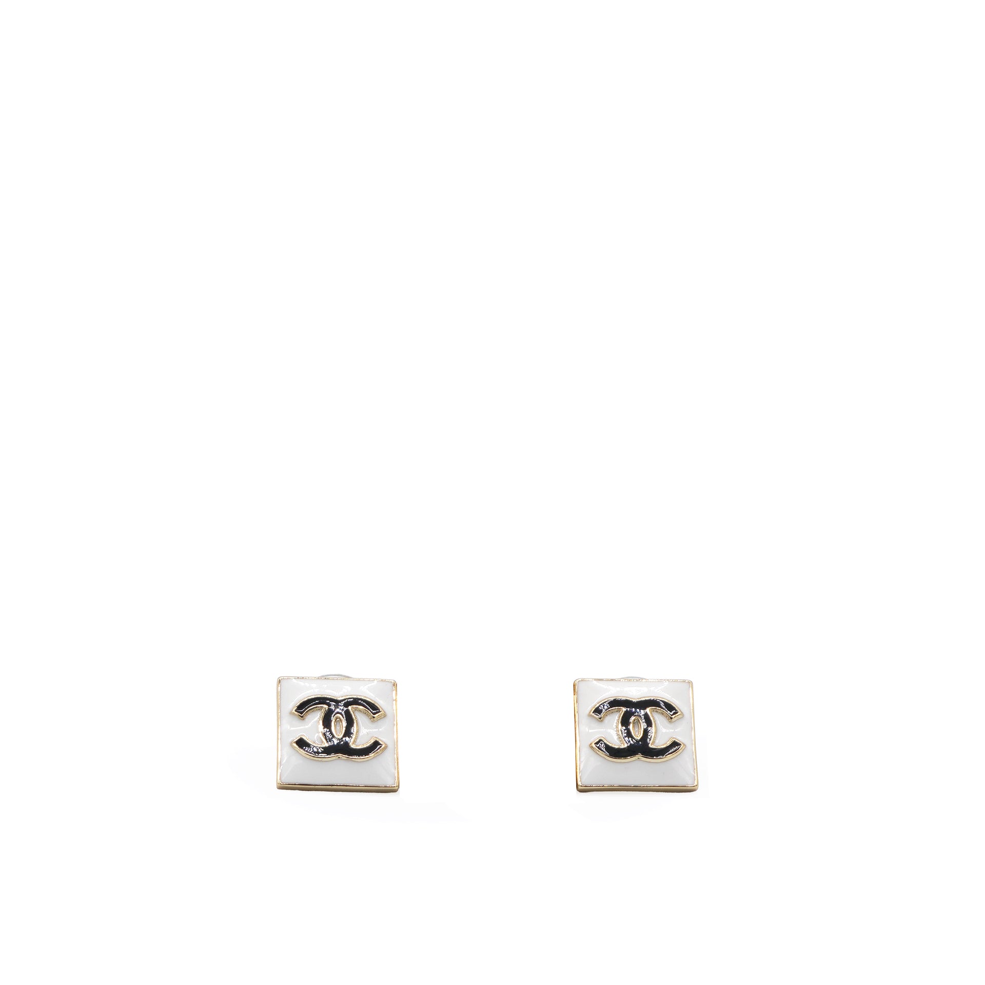 Metal Enamel CC Square Earrings Gold Black White