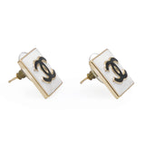 Metal Enamel CC Square Earrings Gold Black White