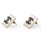 Metal Enamel CC Square Earrings Gold Black White