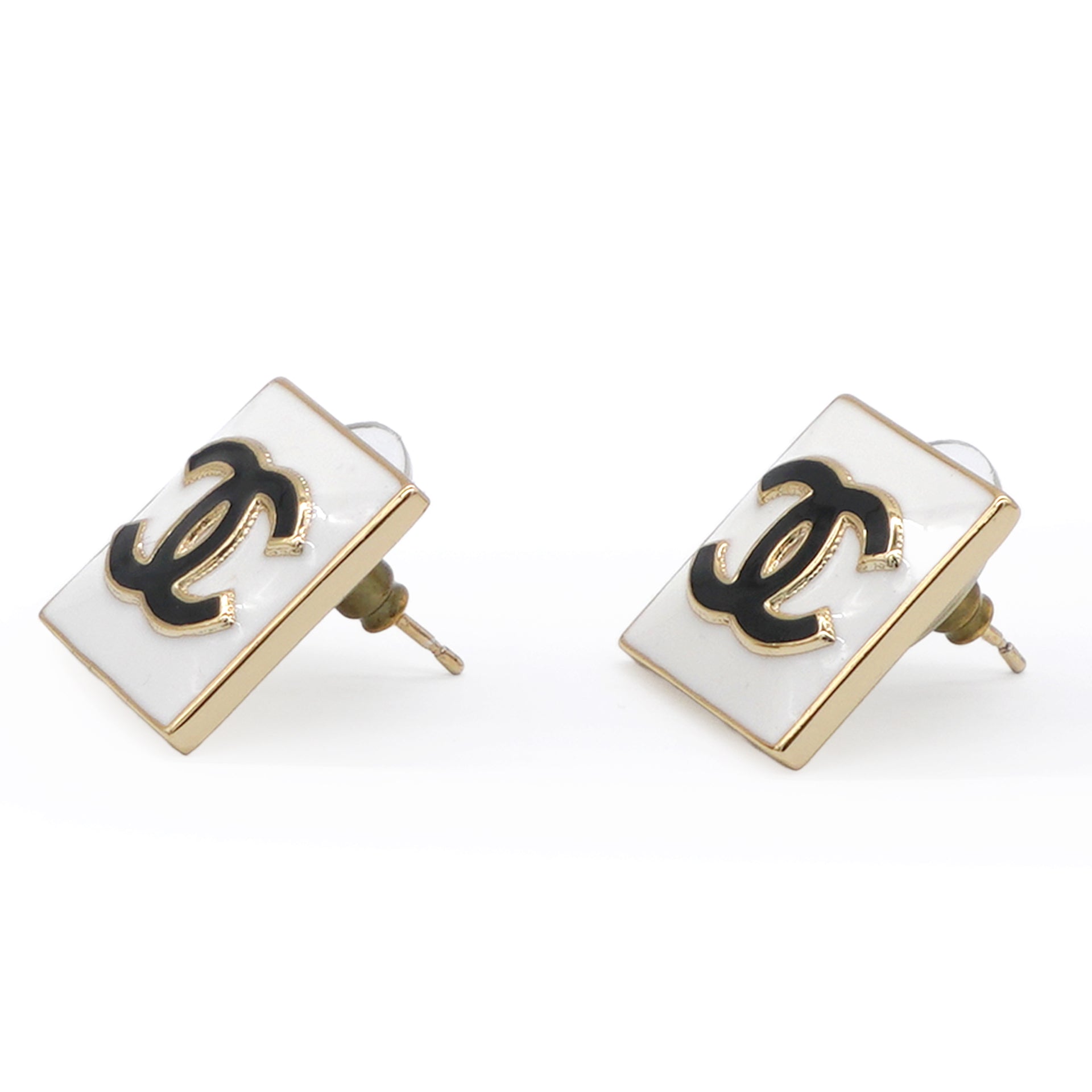 Metal Enamel CC Square Earrings Gold Black White