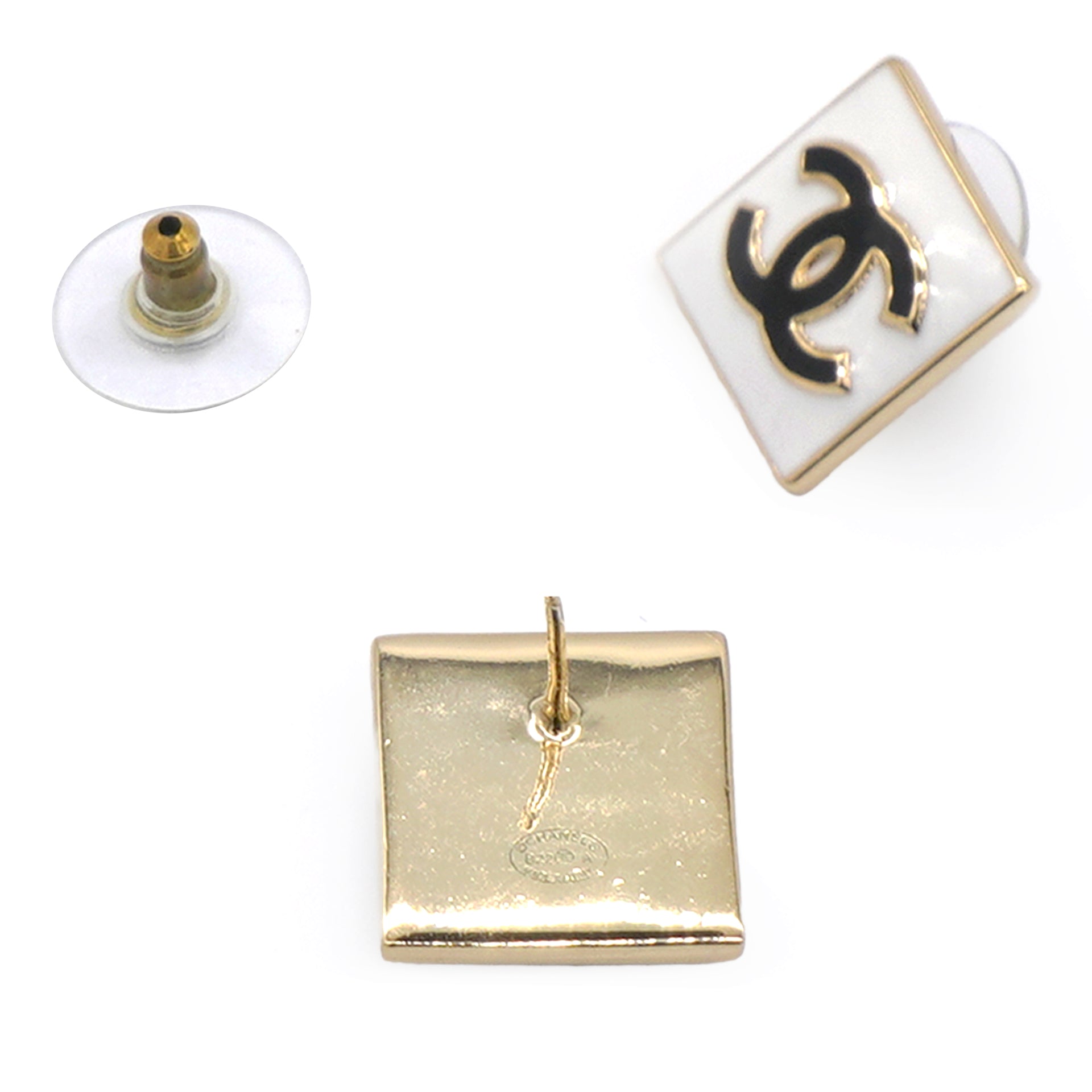 Metal Enamel CC Square Earrings Gold Black White