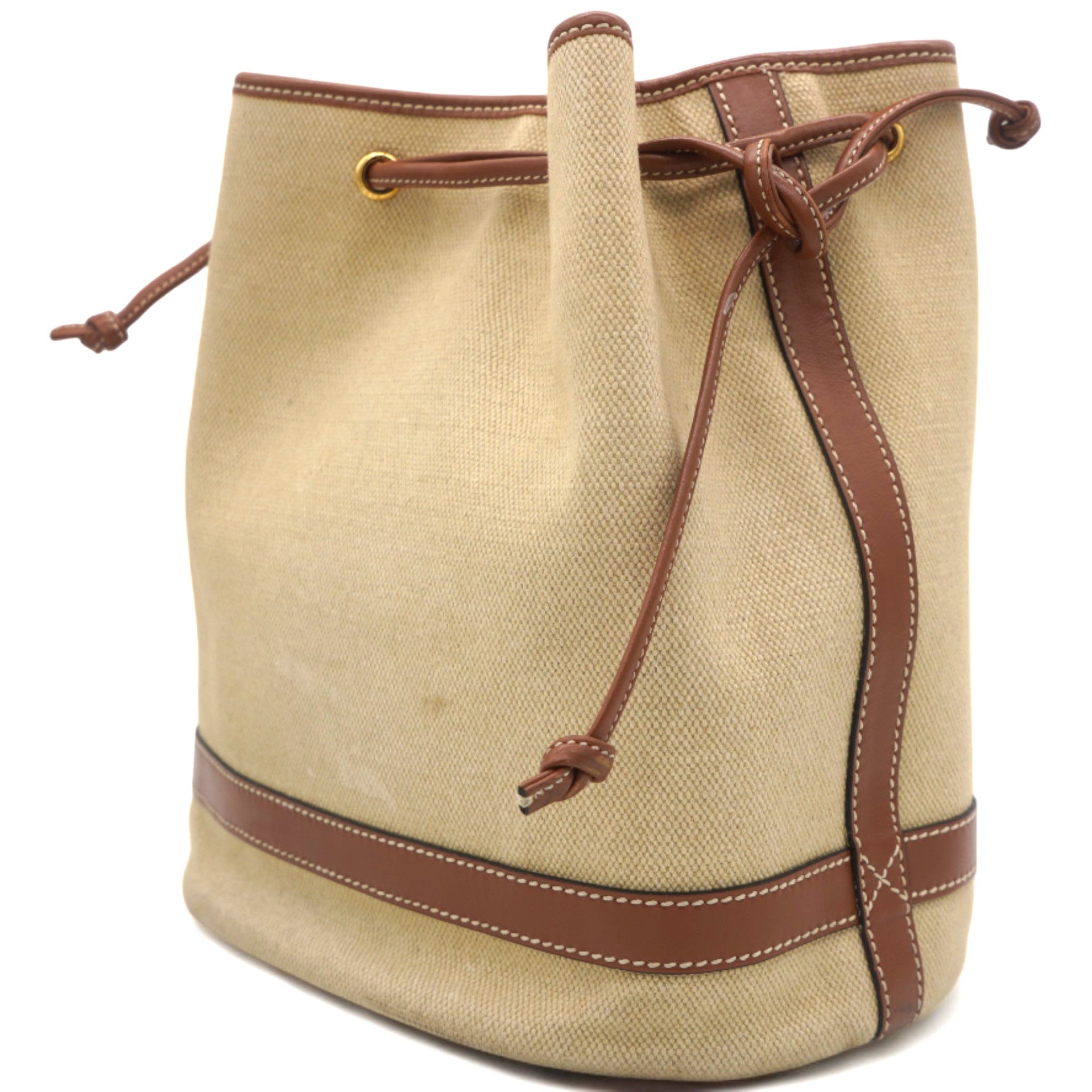 Seau Marin Drawstring Cabas in Beige Textile and Tan Leather