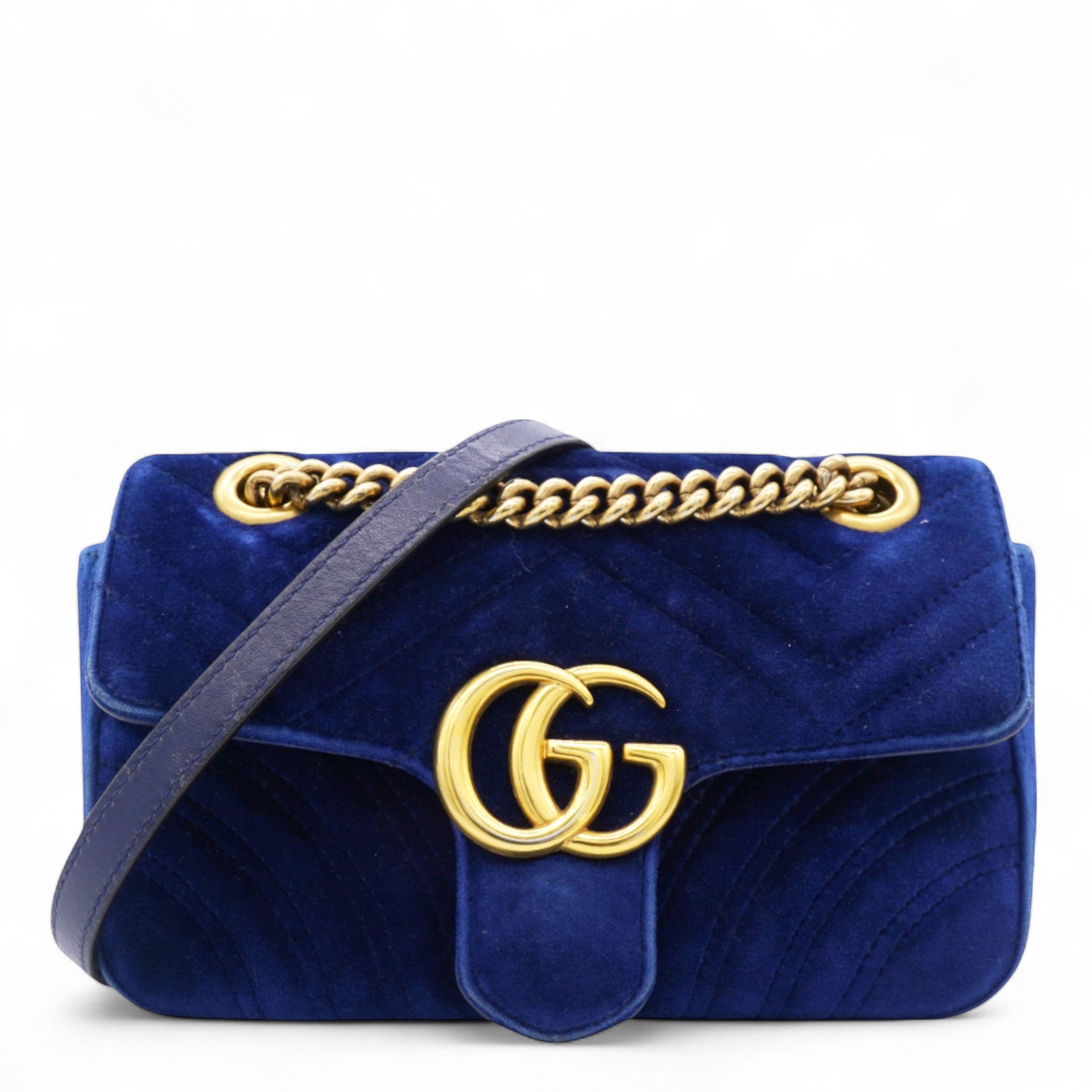 Velvet Matelasse Small GG Marmont Shoulder Bag Cobalt Blue