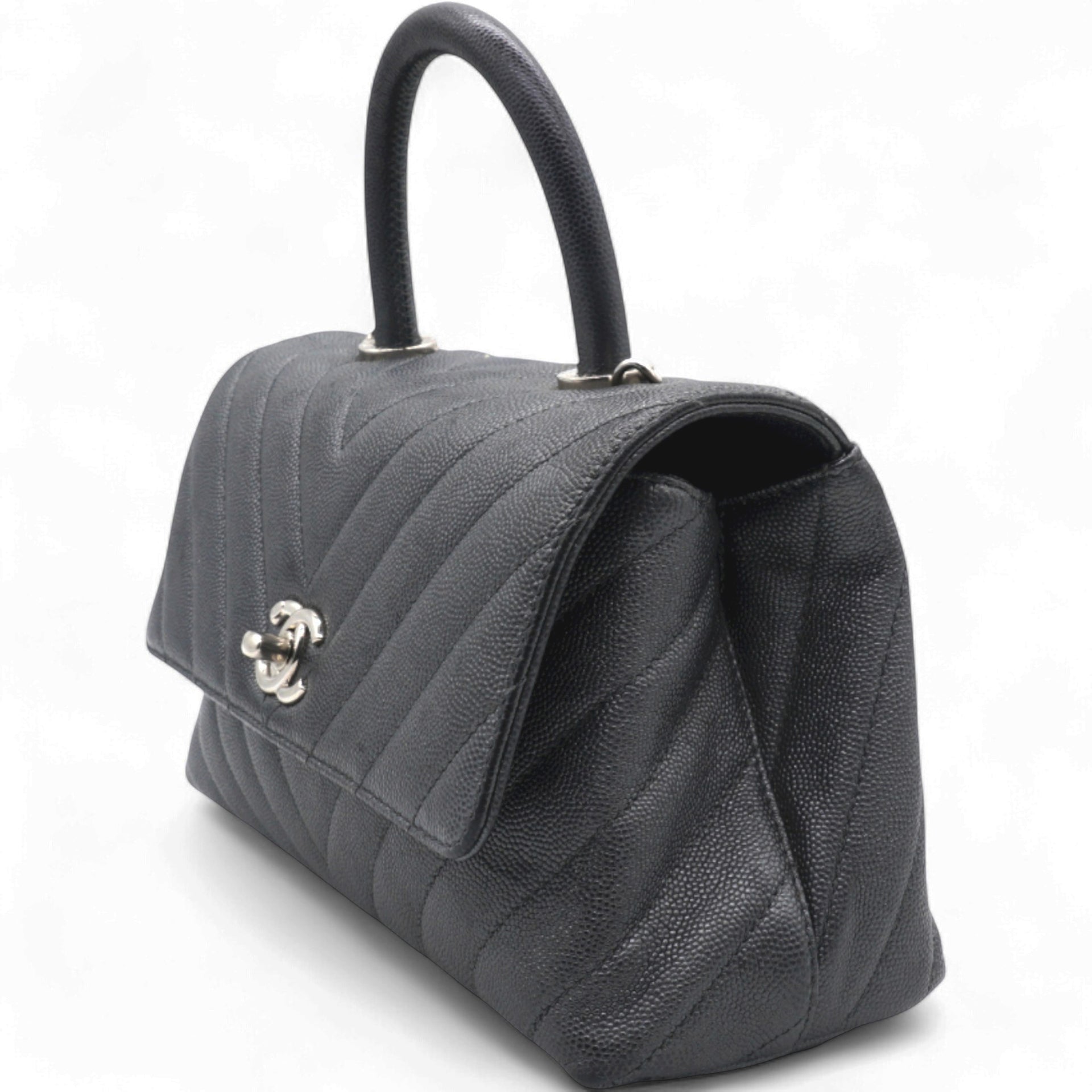 Caviar Chevron Quilted Small Coco Handle Flap Dark Grey