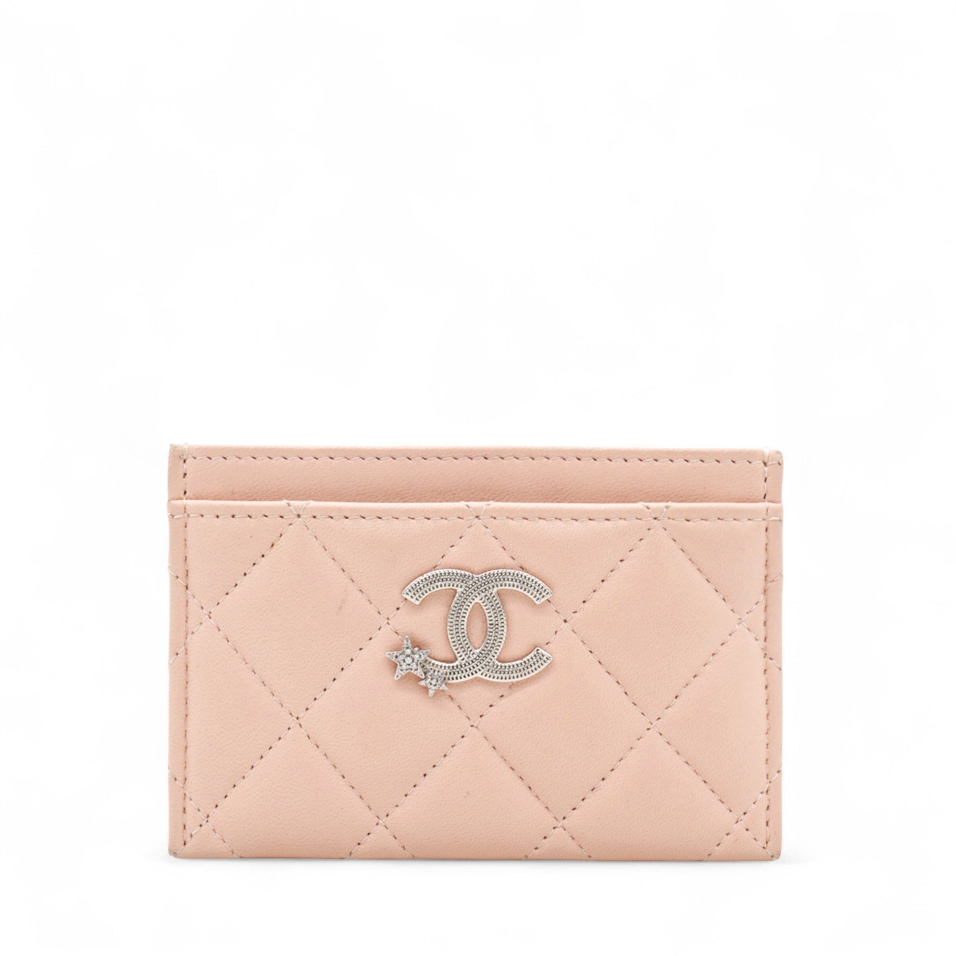 Lambskin Quilted Crystal Card Holder Beige