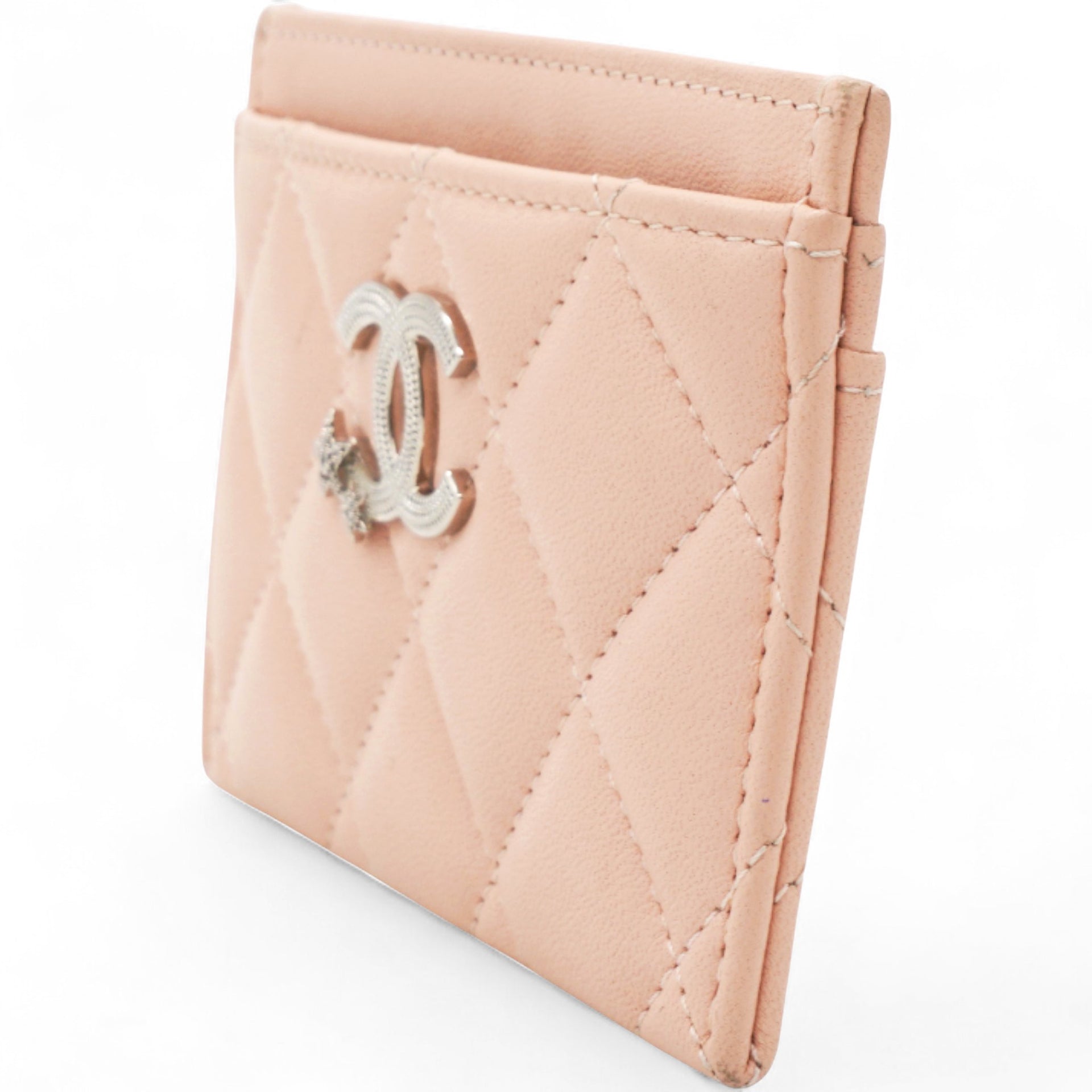 Lambskin Quilted Crystal Card Holder Beige