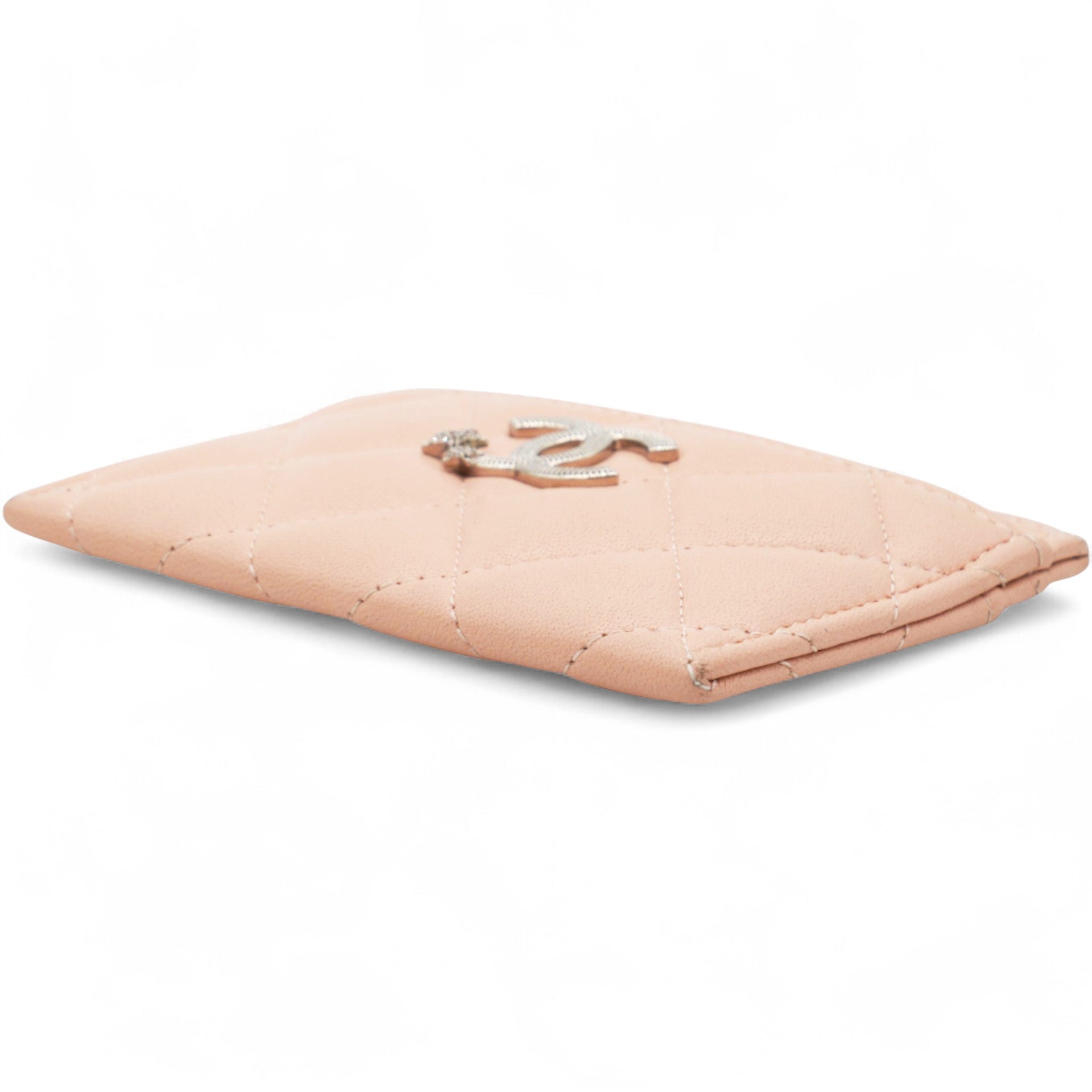 Lambskin Quilted Crystal Card Holder Beige