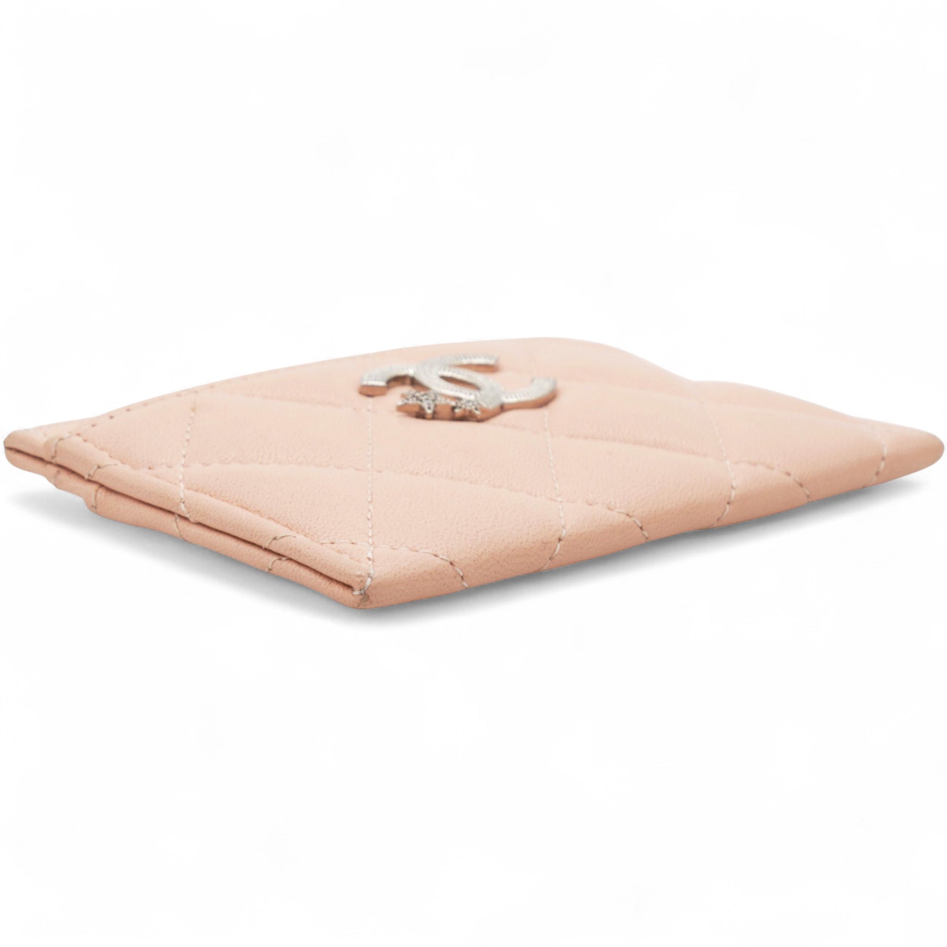 Lambskin Quilted Crystal Card Holder Beige