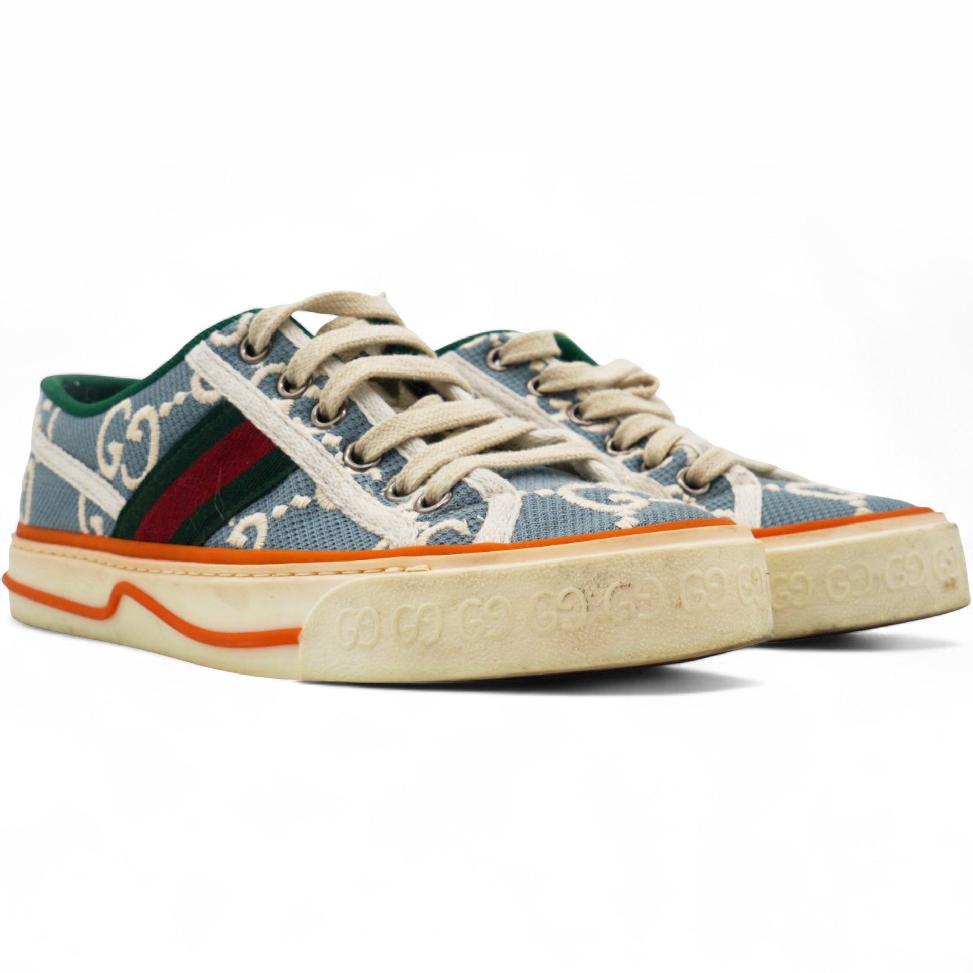 Cotton GG Monogram Web Womens 1977 Tennis Sneakers Philod Ivory Mystic White Size35.5