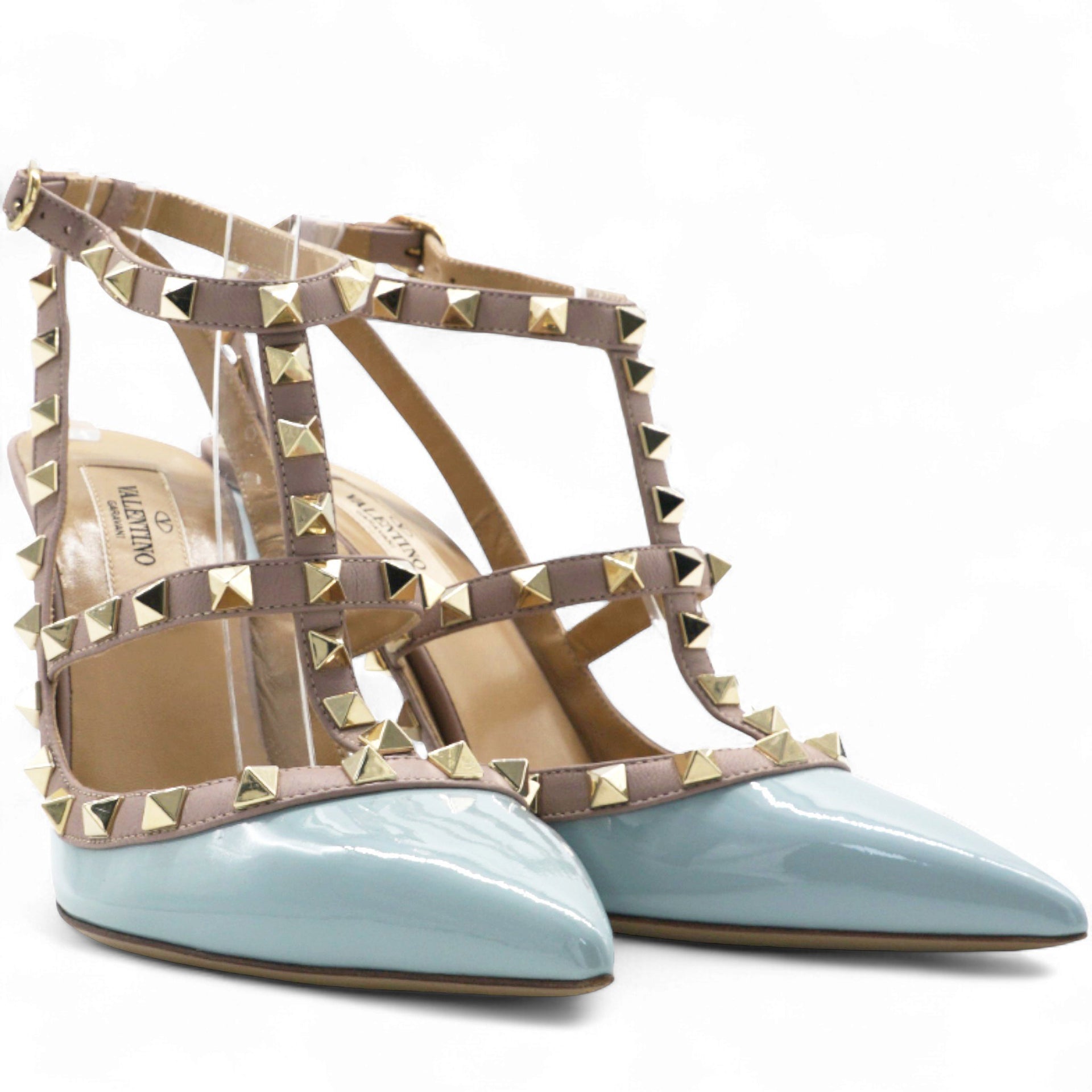 Blue/Dusty Pink Leather Rockstud Ankle Strap Pumps Size 37.5