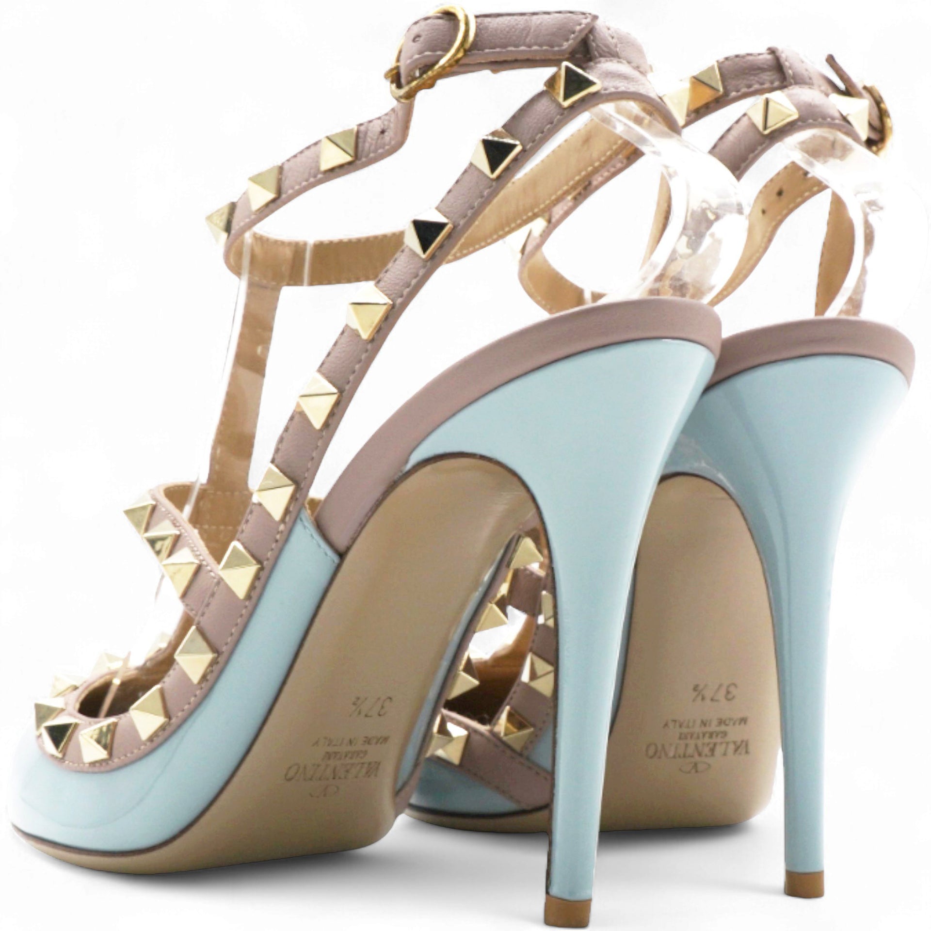 Blue/Dusty Pink Leather Rockstud Ankle Strap Pumps Size 37.5