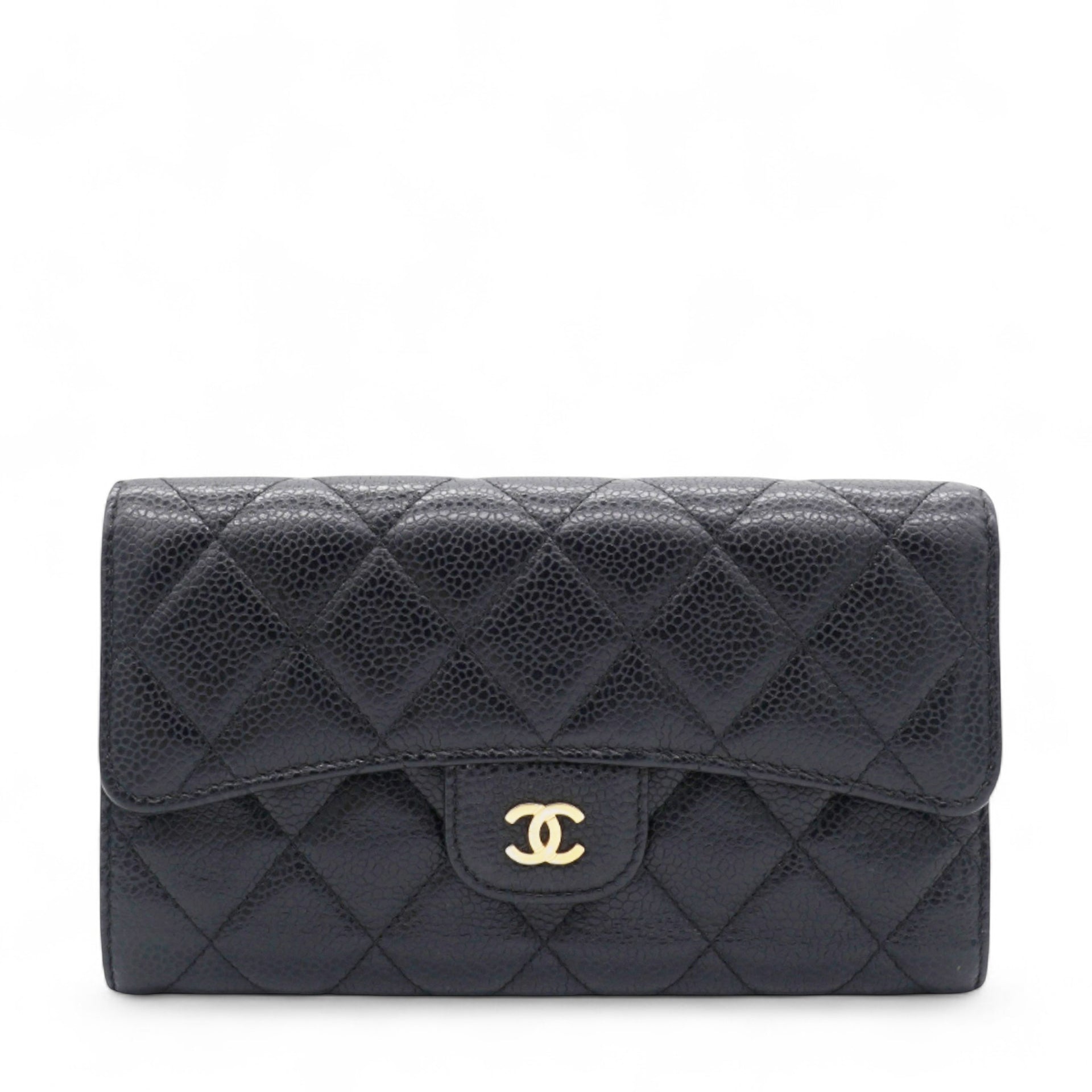 Caviar Quilted Long Flap Wallet Black