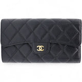 Caviar Quilted Long Flap Wallet Black