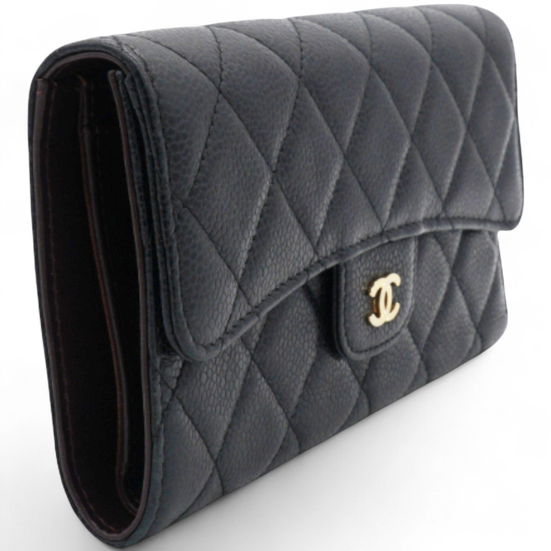 Caviar Quilted Long Flap Wallet Black