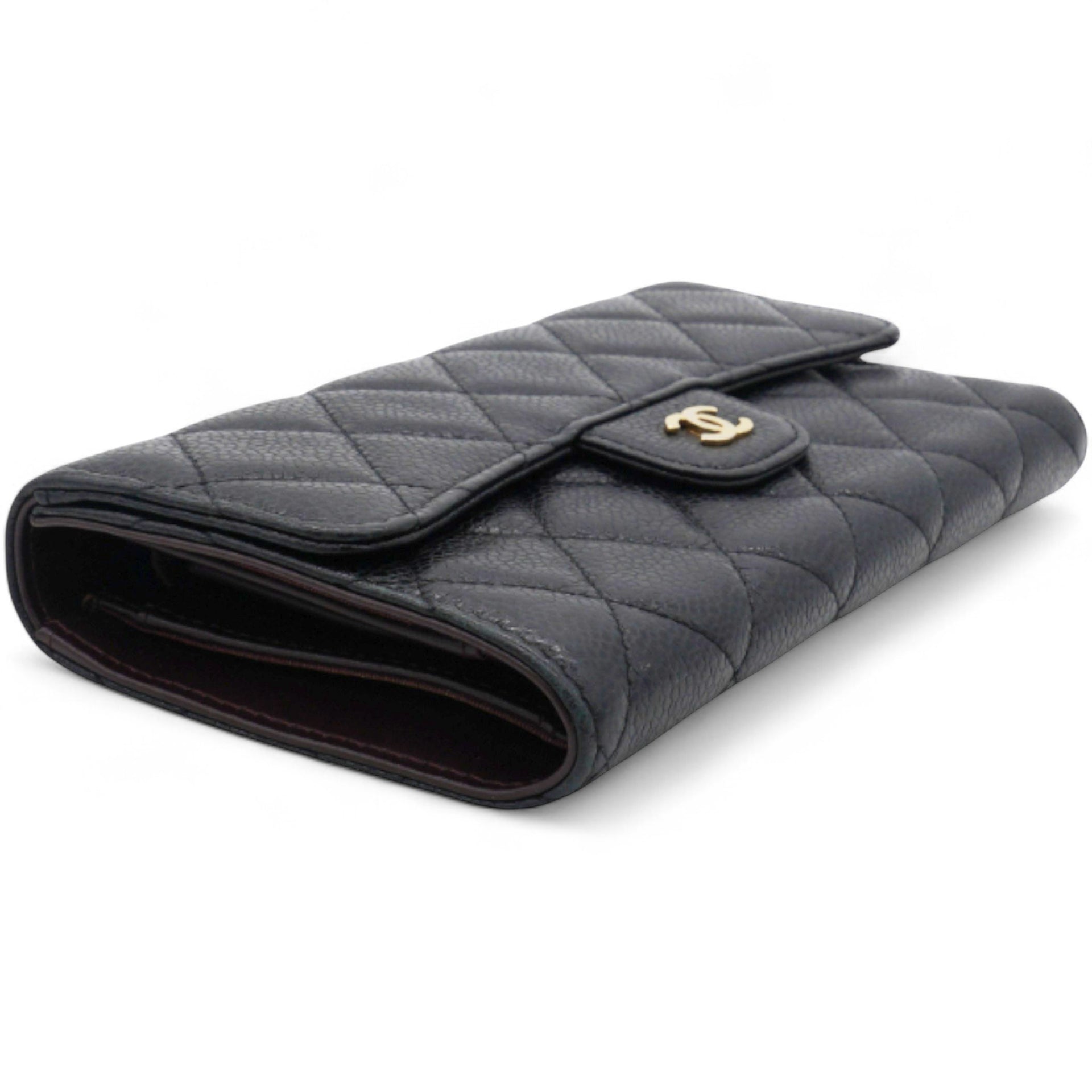 Caviar Quilted Long Flap Wallet Black