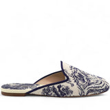 Blue/Beige Embroidered Canvas Toile De Jouy Flat Mules Size36.5