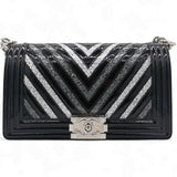 Patent Glitter PVC Chevron Quilted Medium Boy Flap Black Silver