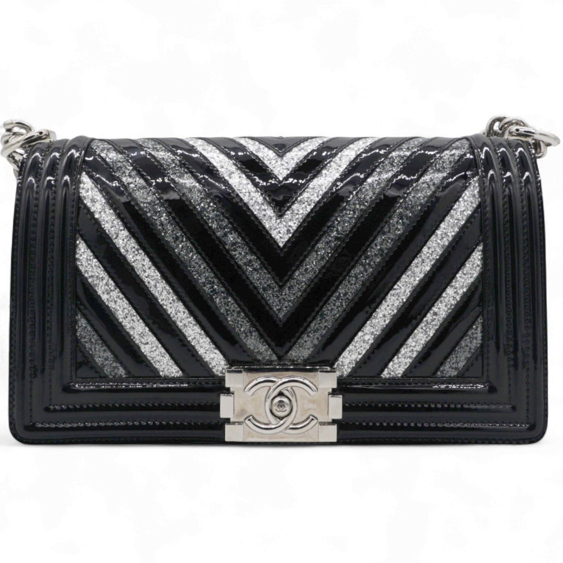 Patent Glitter PVC Chevron Quilted Medium Boy Flap Black Silver