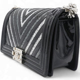 Patent Glitter PVC Chevron Quilted Medium Boy Flap Black Silver