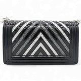 Patent Glitter PVC Chevron Quilted Medium Boy Flap Black Silver