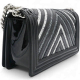 Patent Glitter PVC Chevron Quilted Medium Boy Flap Black Silver