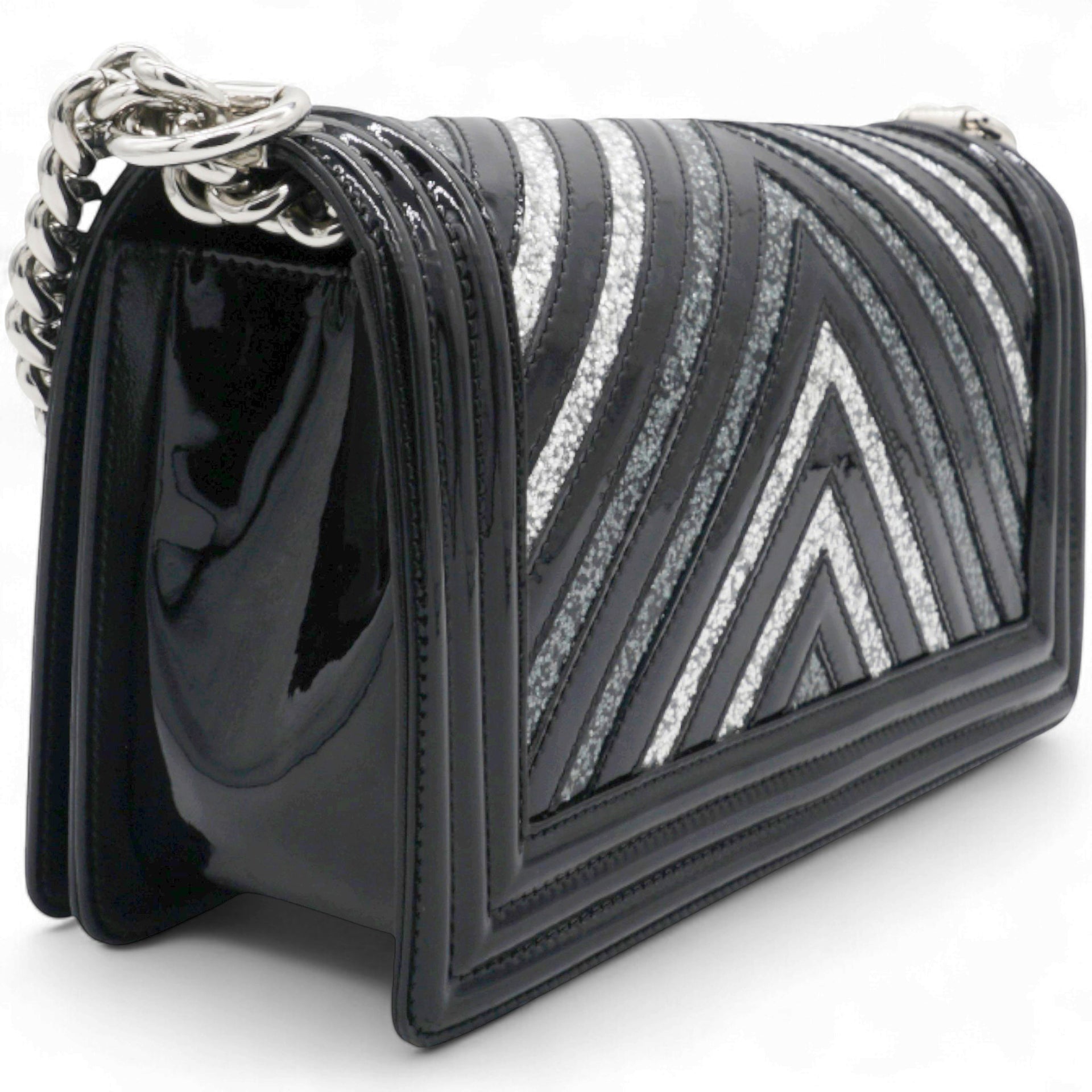 Patent Glitter PVC Chevron Quilted Medium Boy Flap Black Silver