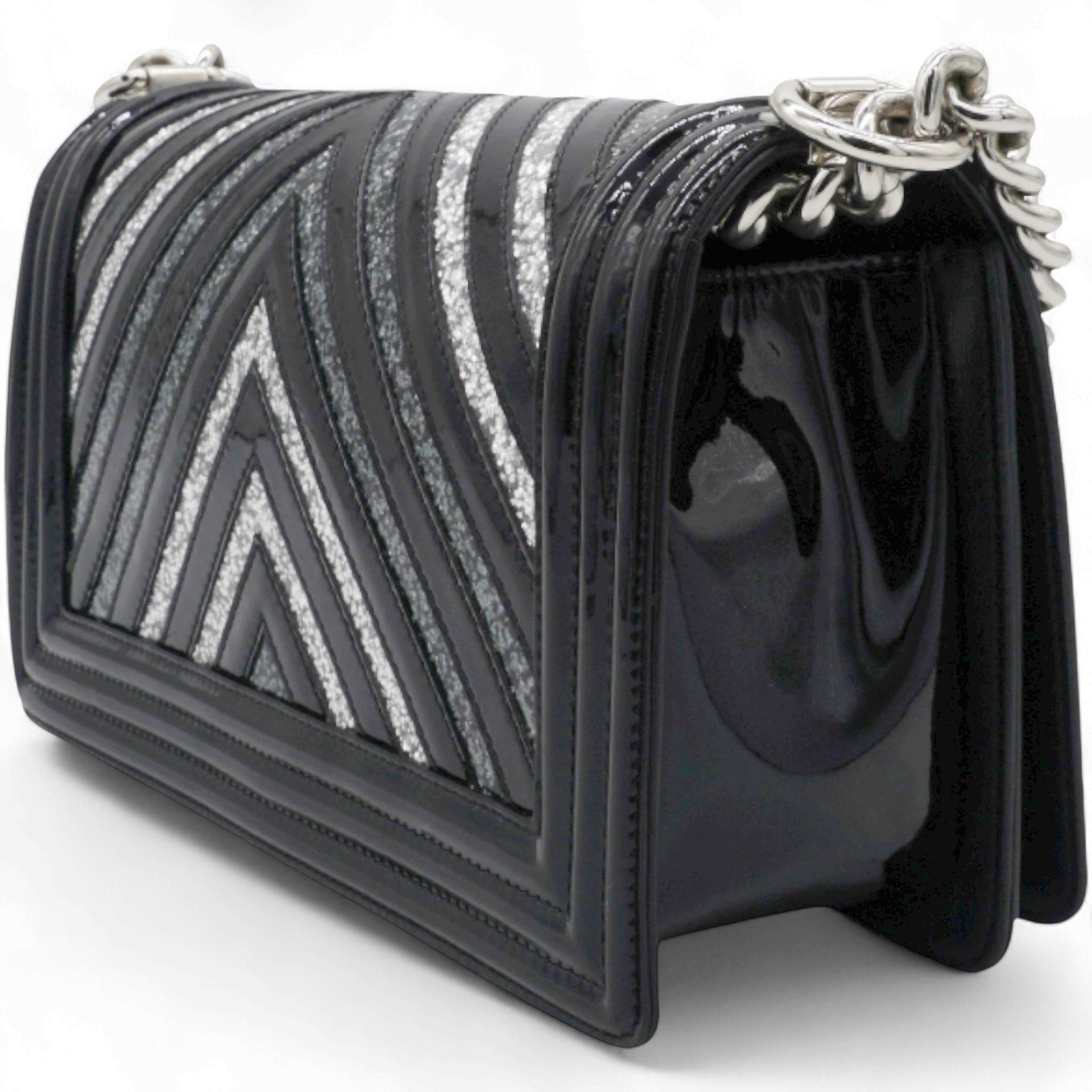 Patent Glitter PVC Chevron Quilted Medium Boy Flap Black Silver
