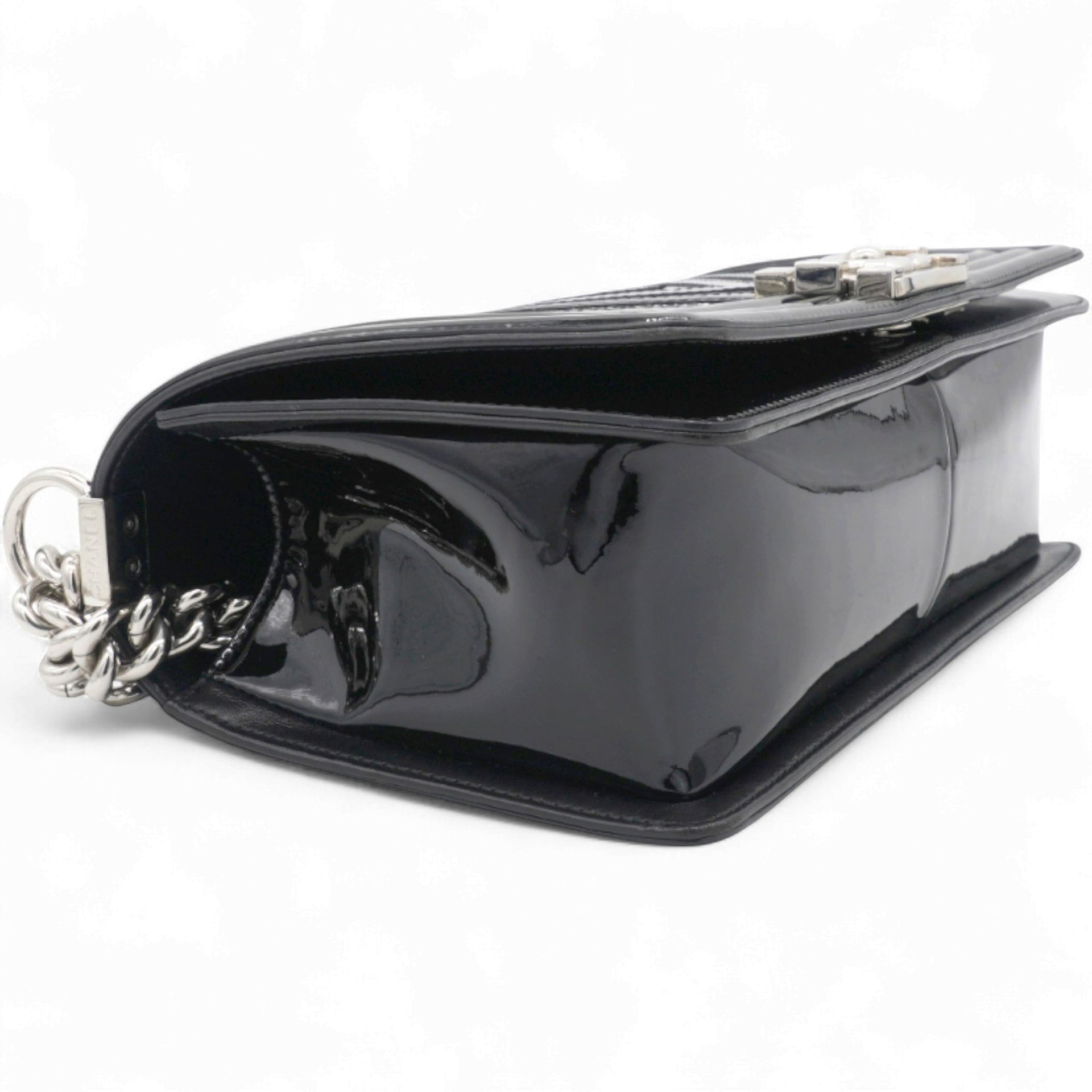 Patent Glitter PVC Chevron Quilted Medium Boy Flap Black Silver