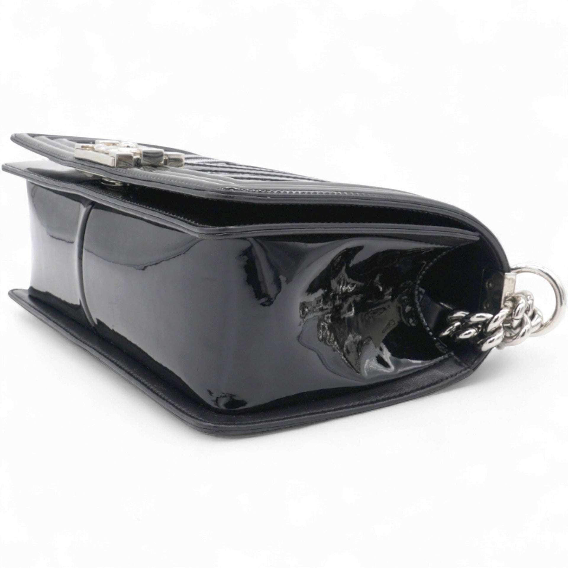 Patent Glitter PVC Chevron Quilted Medium Boy Flap Black Silver