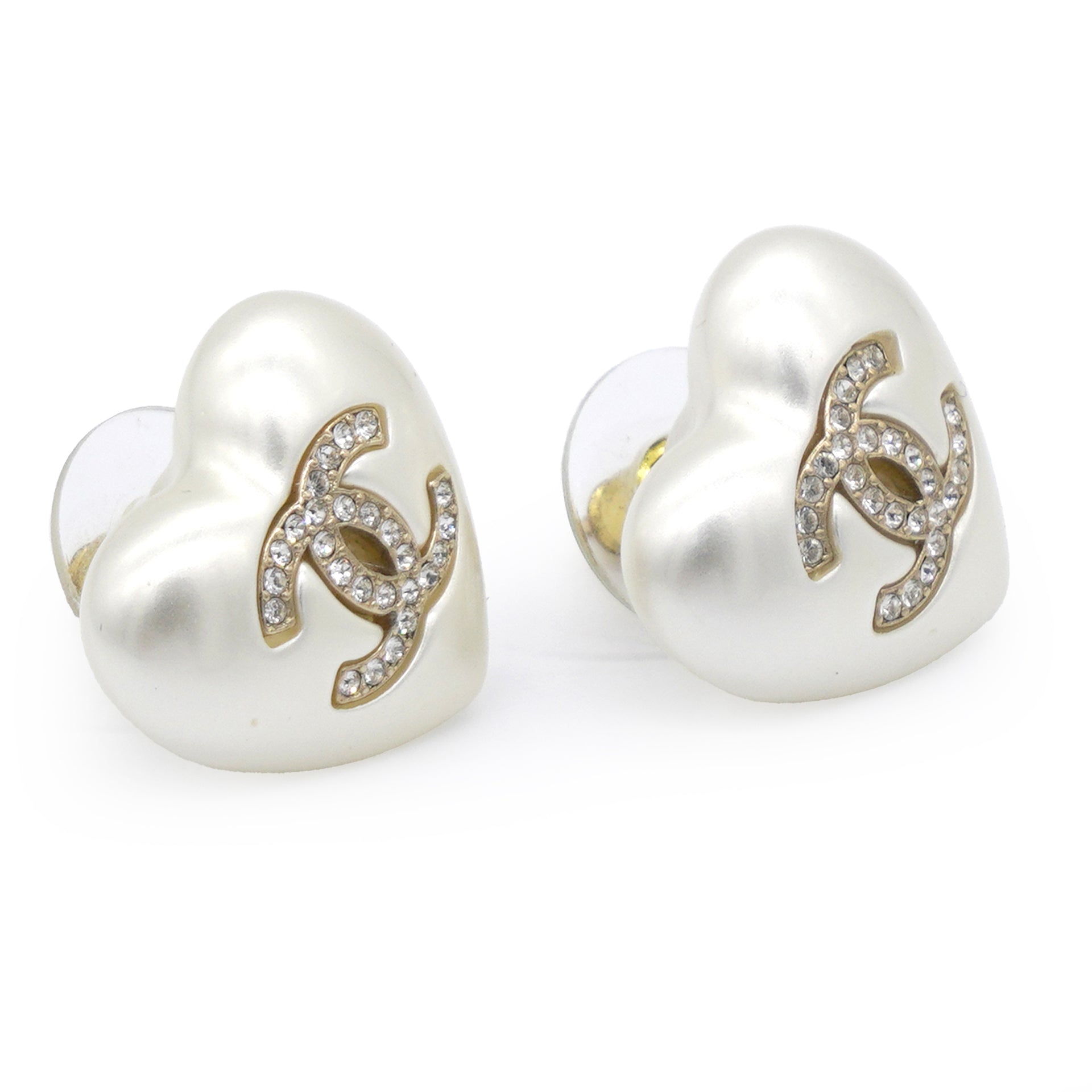 Pearl Crystal CC Heart Earrings Gold