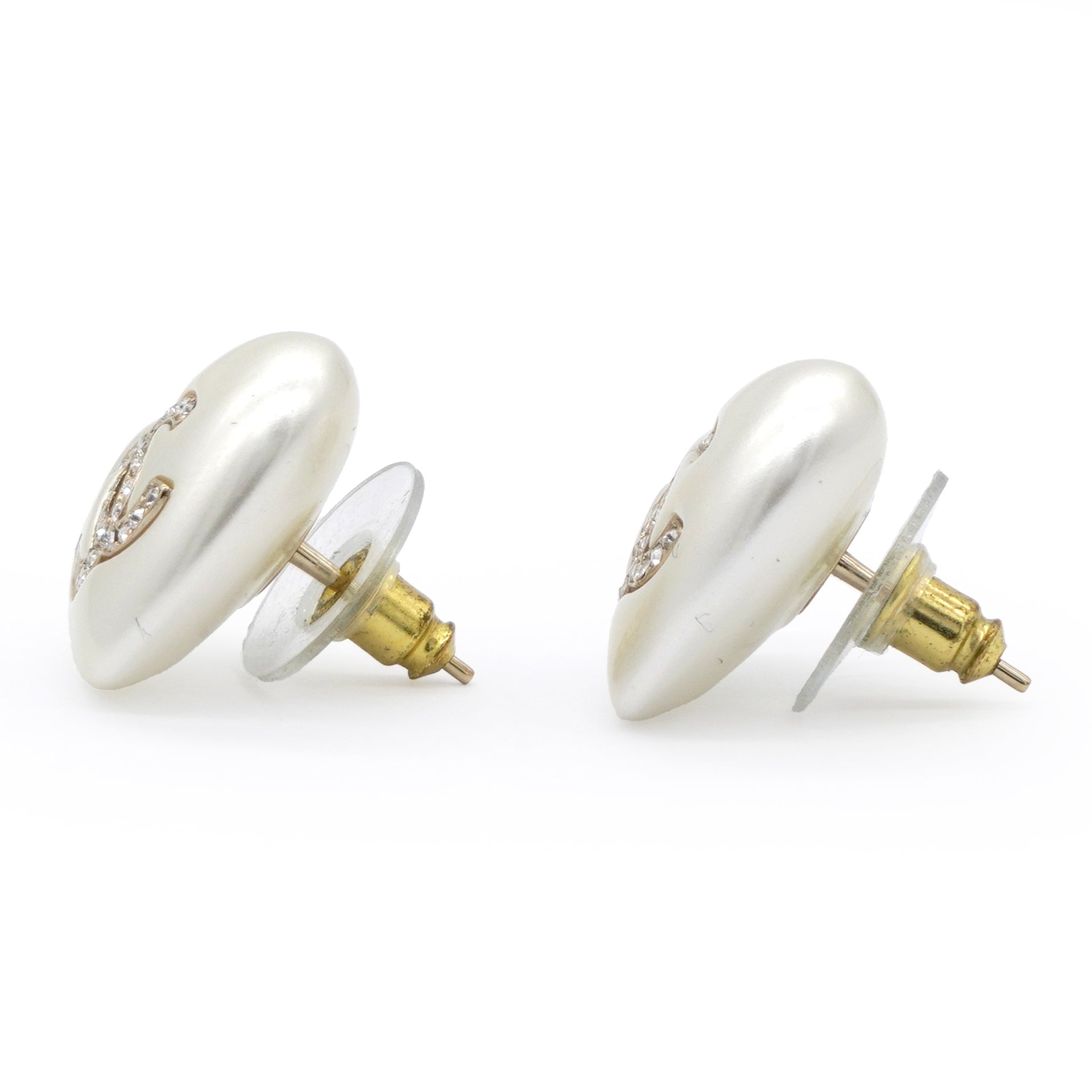 Pearl Crystal CC Heart Earrings Gold