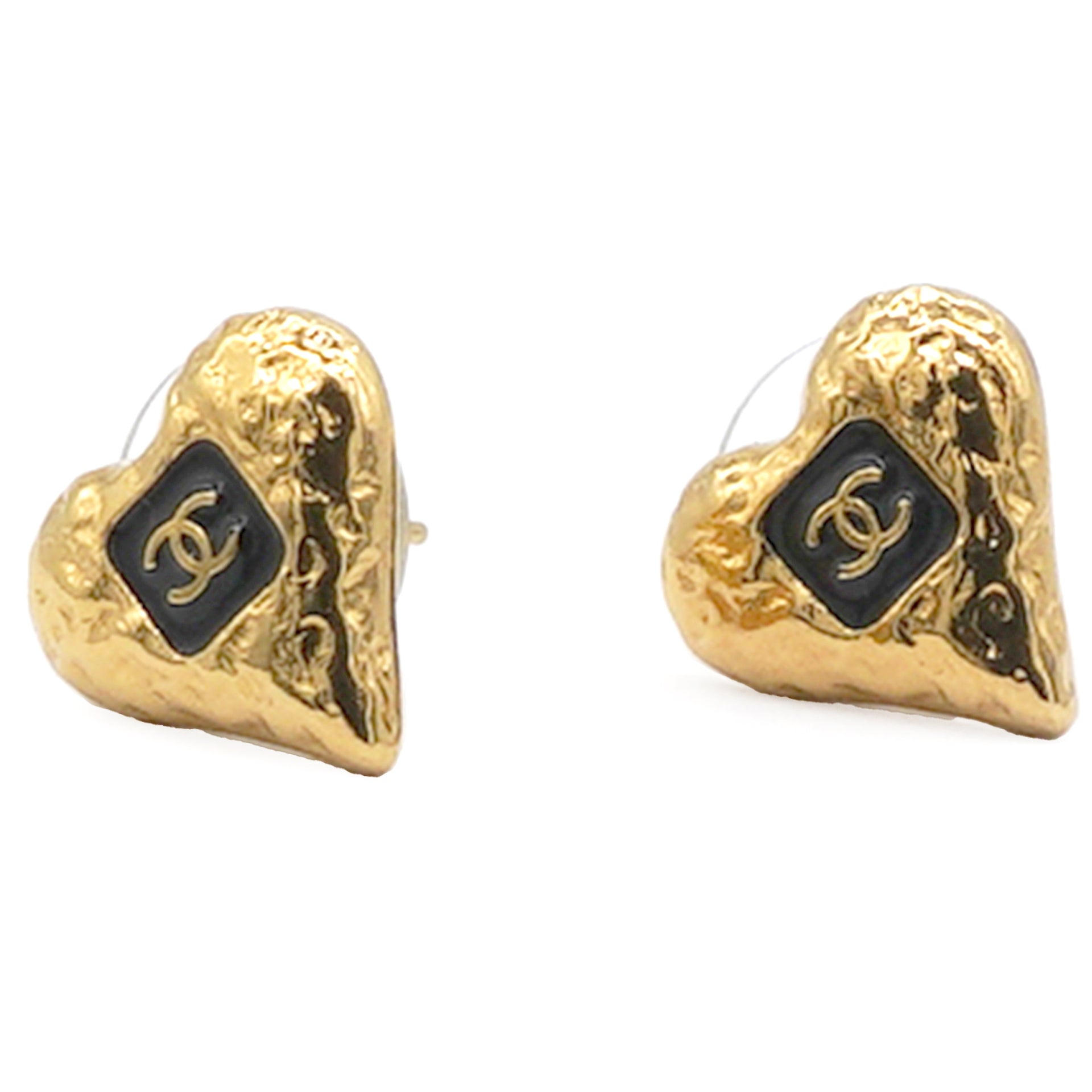 Metal Resin CC Heart Earrings Gold Black